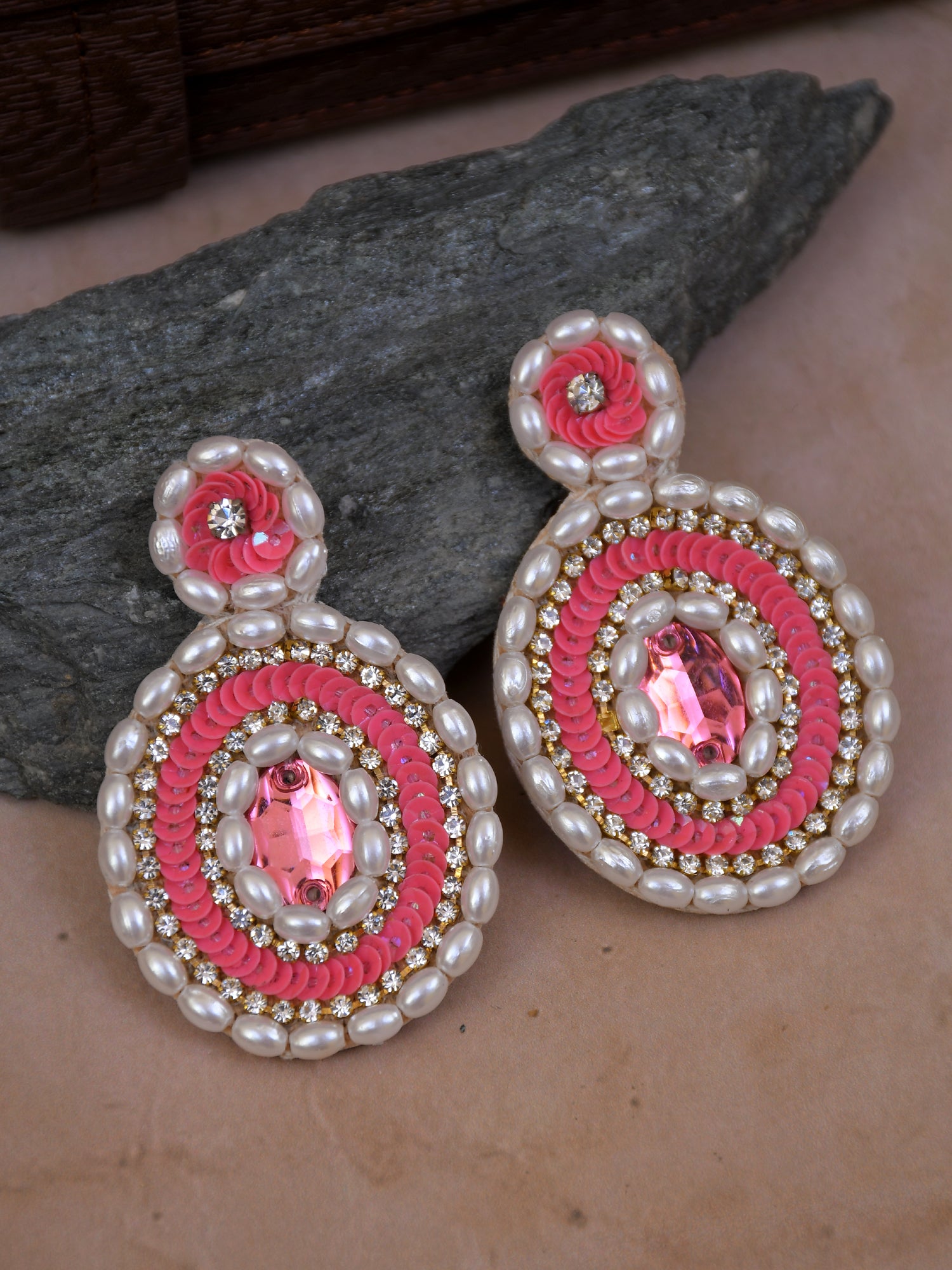 Pink White Handmade Beaded Earrings Indian Beaded Statement Dangler Earrings for WOmen