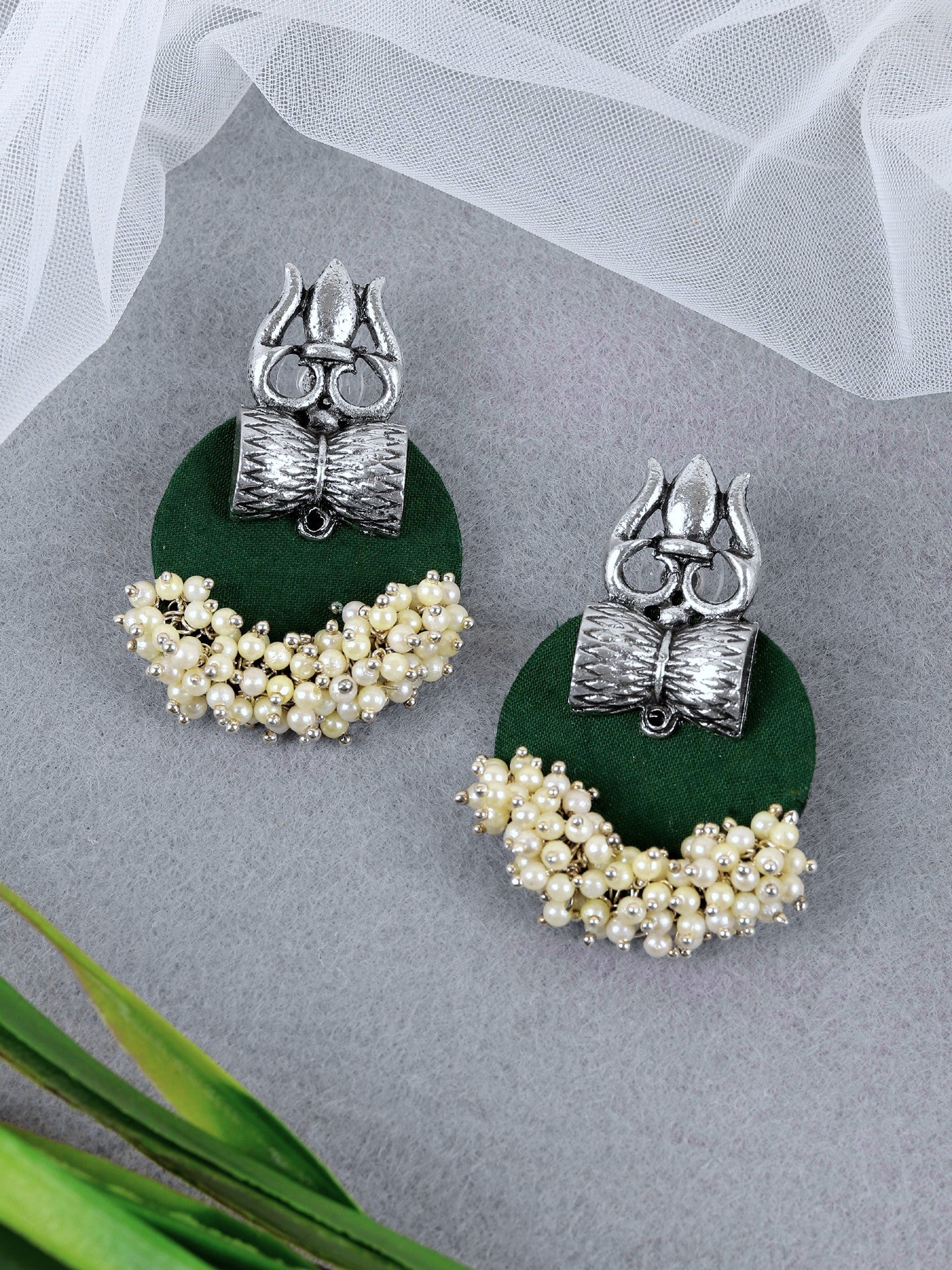 Oxidised Trishul Silver Jhumka Earrings with Green Flower Unique