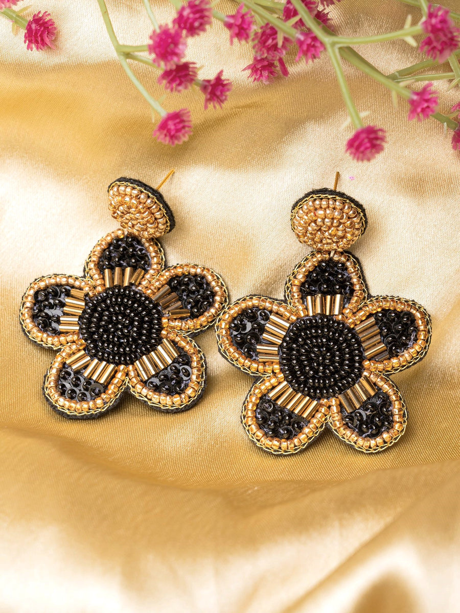 Black Gold Beaded Flower Drop Earrings for Women and Girls
