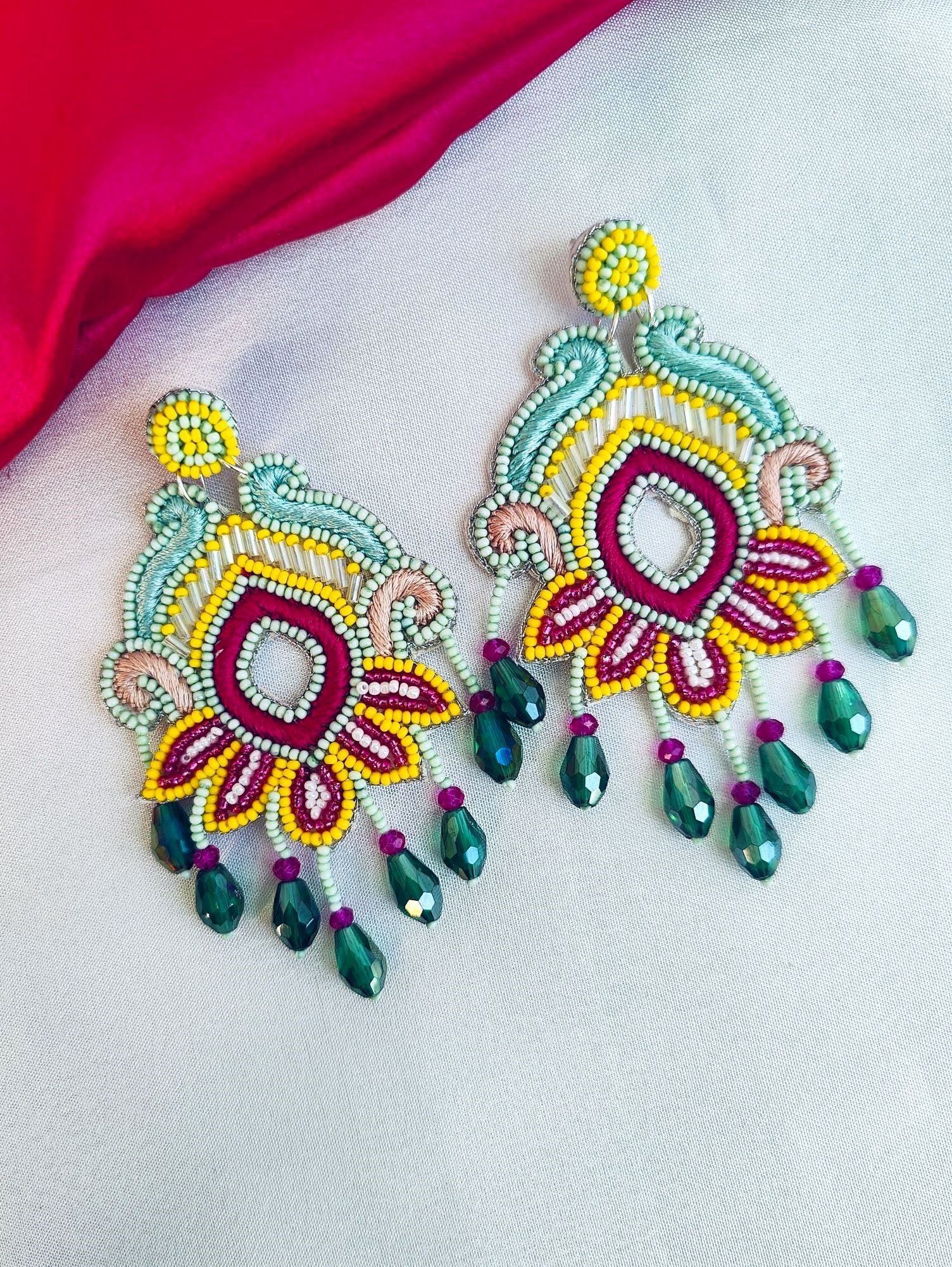 Handcrafted Green-Yellow Beaded Earrings: Lightweight Chaandbaali Party Wear for Women Girls