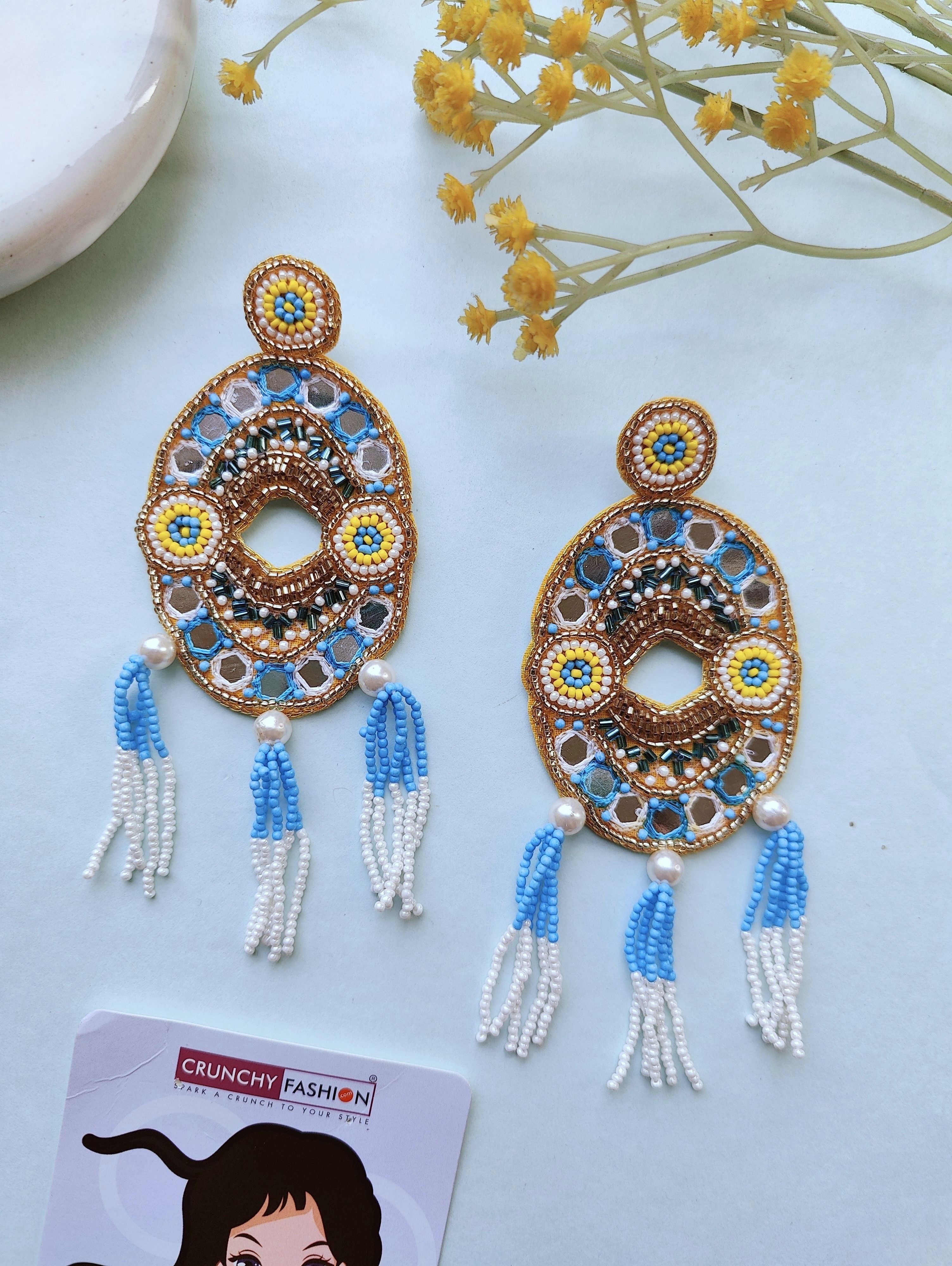 Handmade Beaded Earrings in Yellow-Sky Blue for Haldi Mehndi