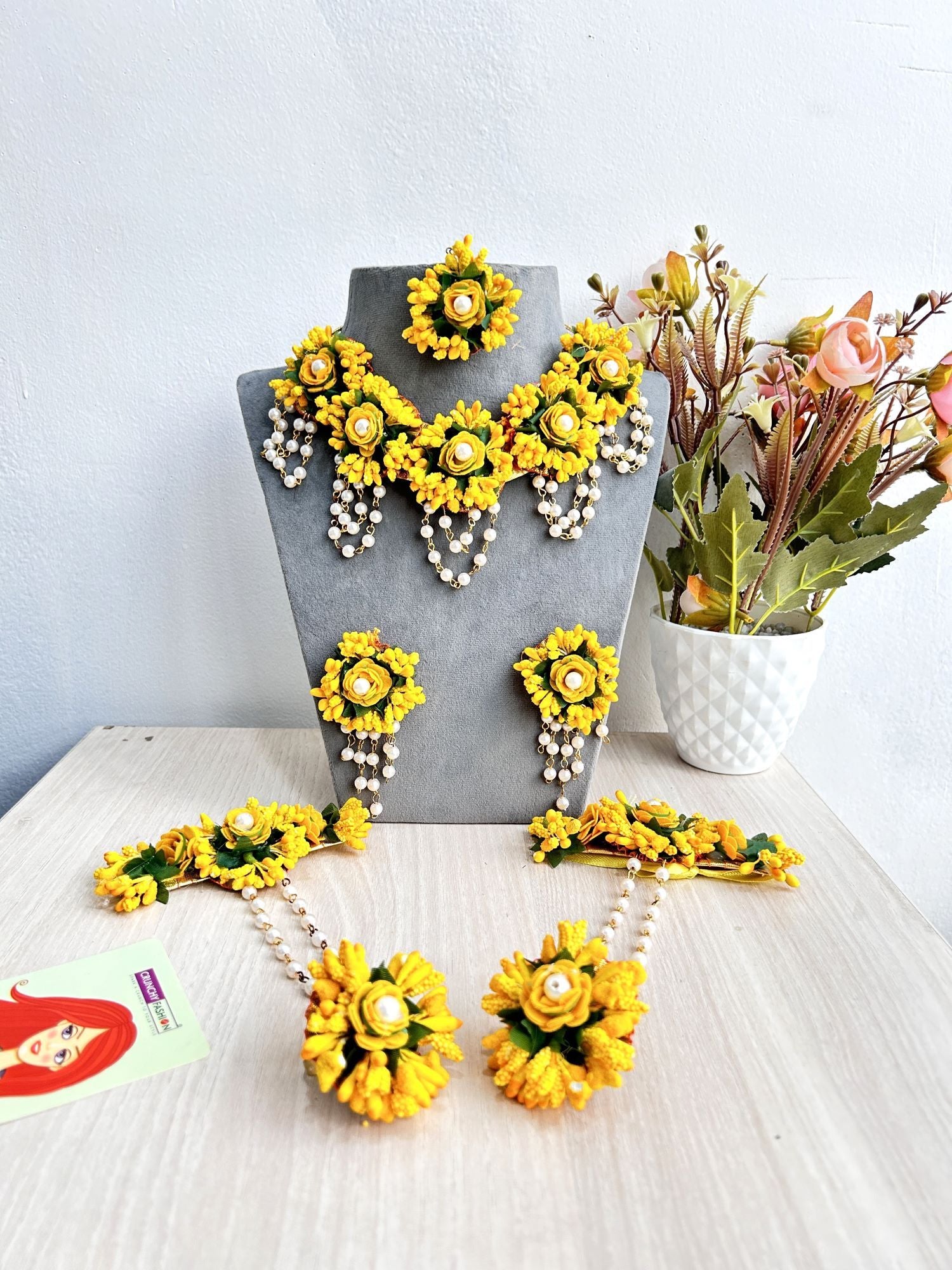 Handmade Yellow Flower Floral Jewellery Set for Haldi mehndi, baby