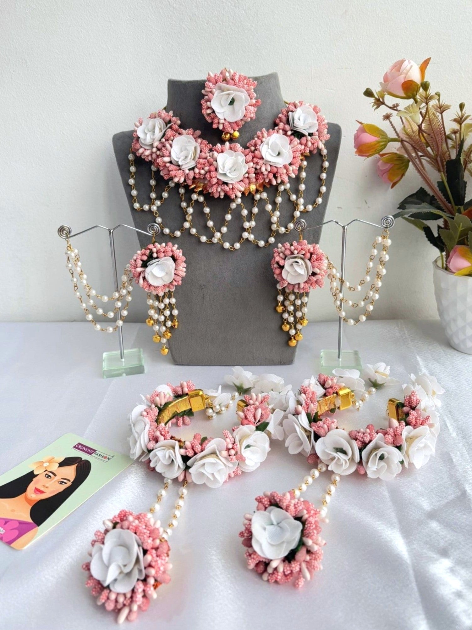 Peach-White Artificial Floral Bridal Jewelry Set for Haldi-Mehndi