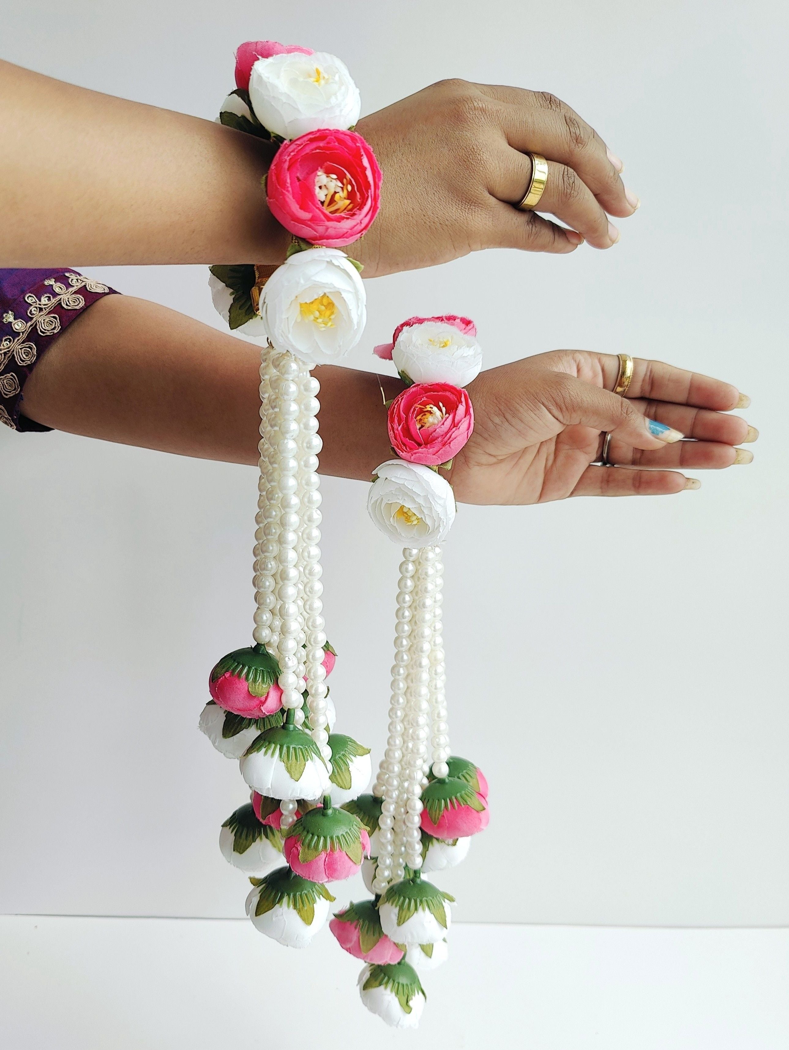 Pink-White Bridal Kalire with Pearls for Haldi, Mehndi