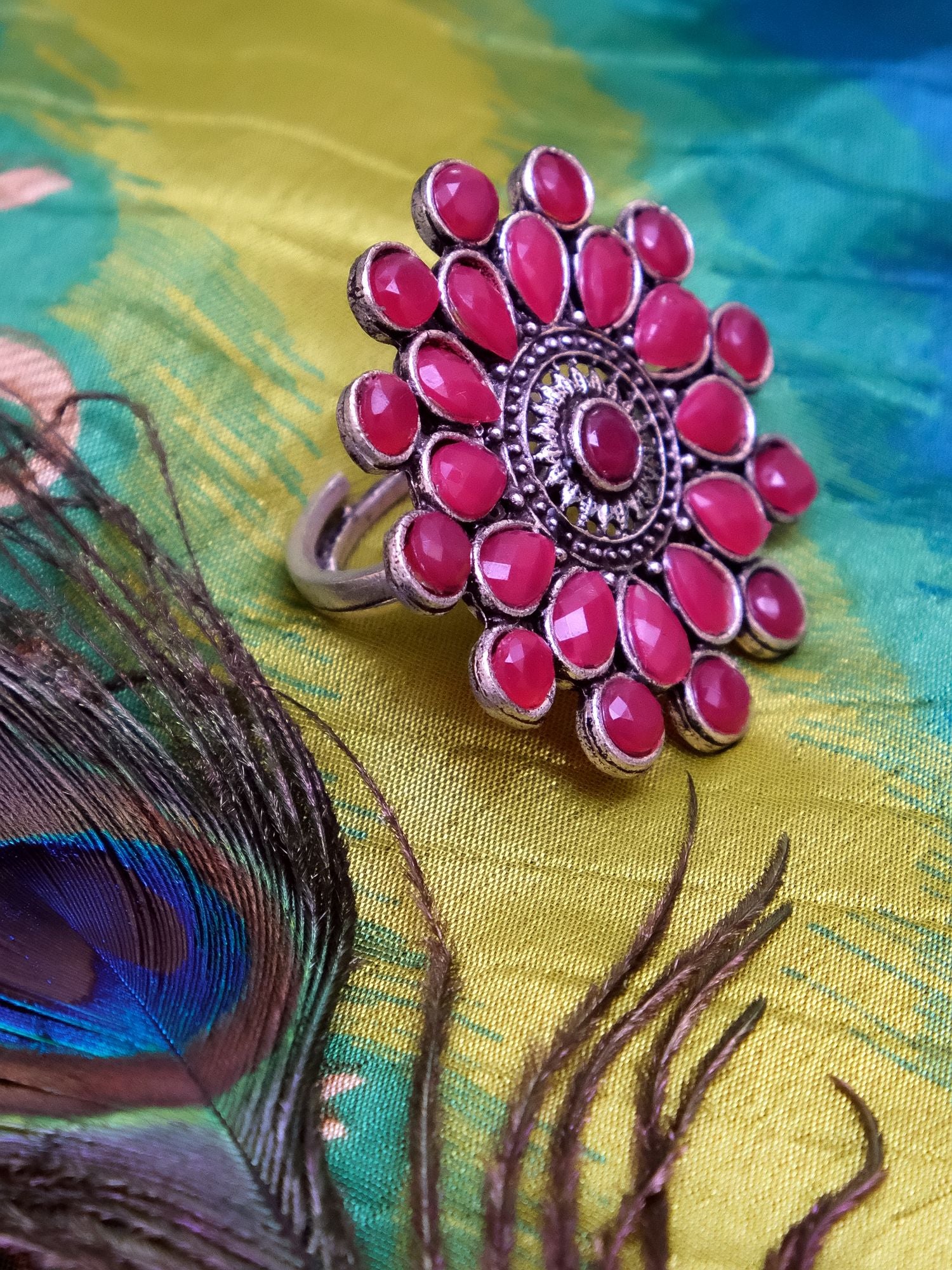 Pink Crystal Oasis Oxidised Silver Floral Ring for Everyday Chic