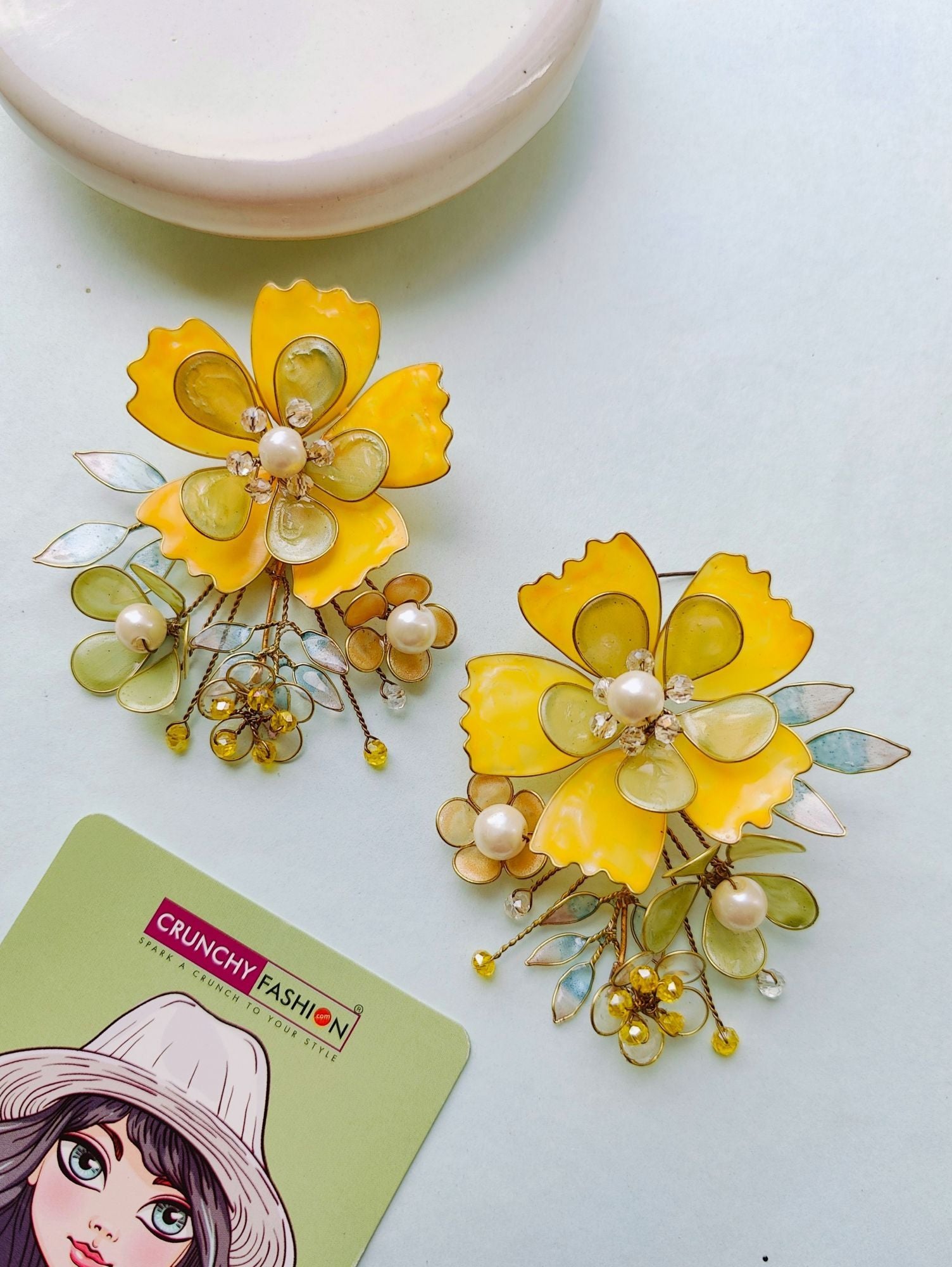 Yellow-Green Floral Resin Earrings for Haldi, Mehndi