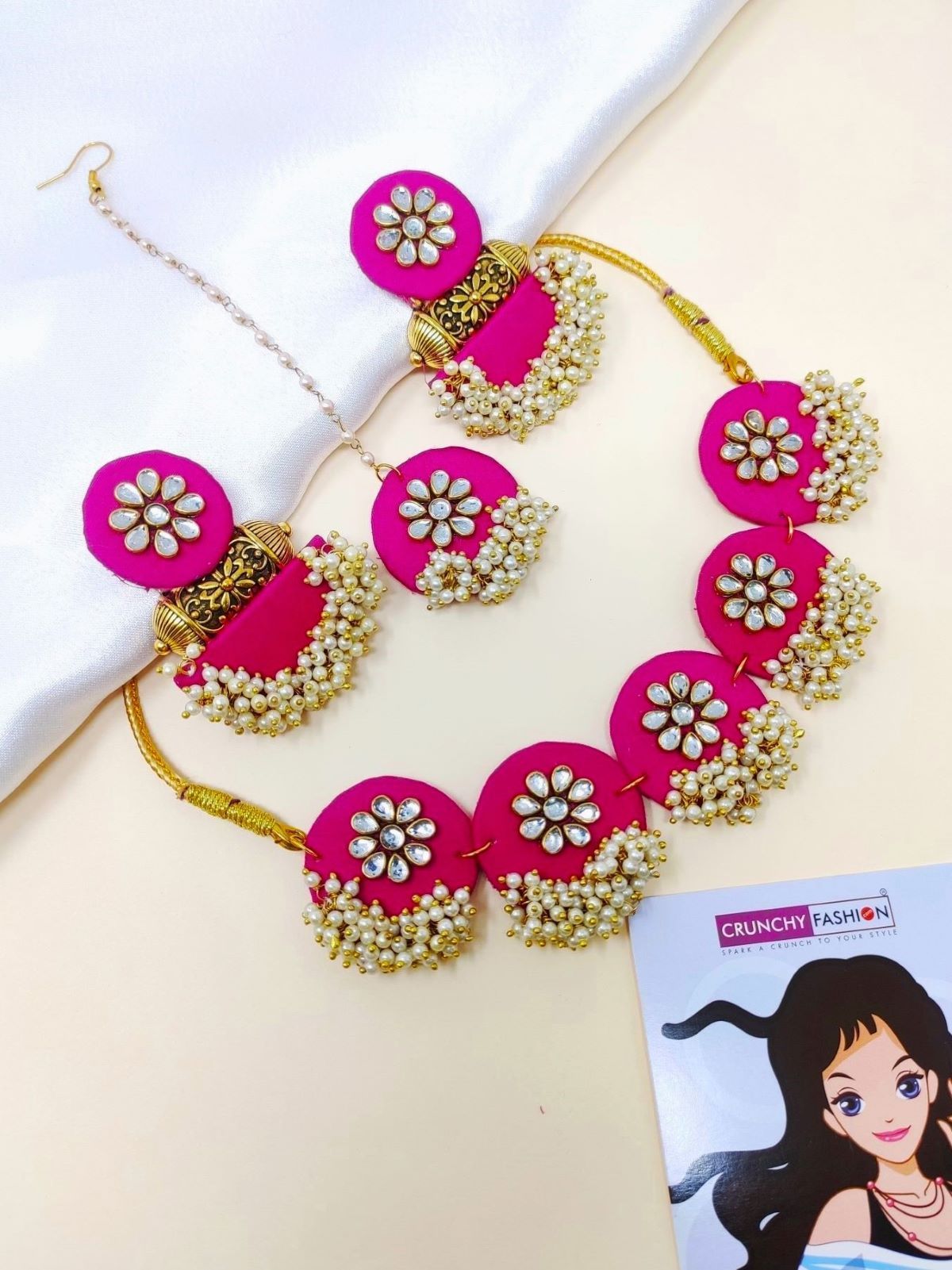 Floral Beaded Jewellery Set in Pink Handcrafted for Women Girls