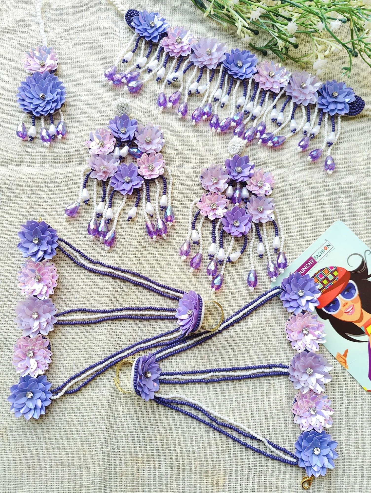 Lavender-Pink Handmade Floral Haldi Mehndi Jewellery Set