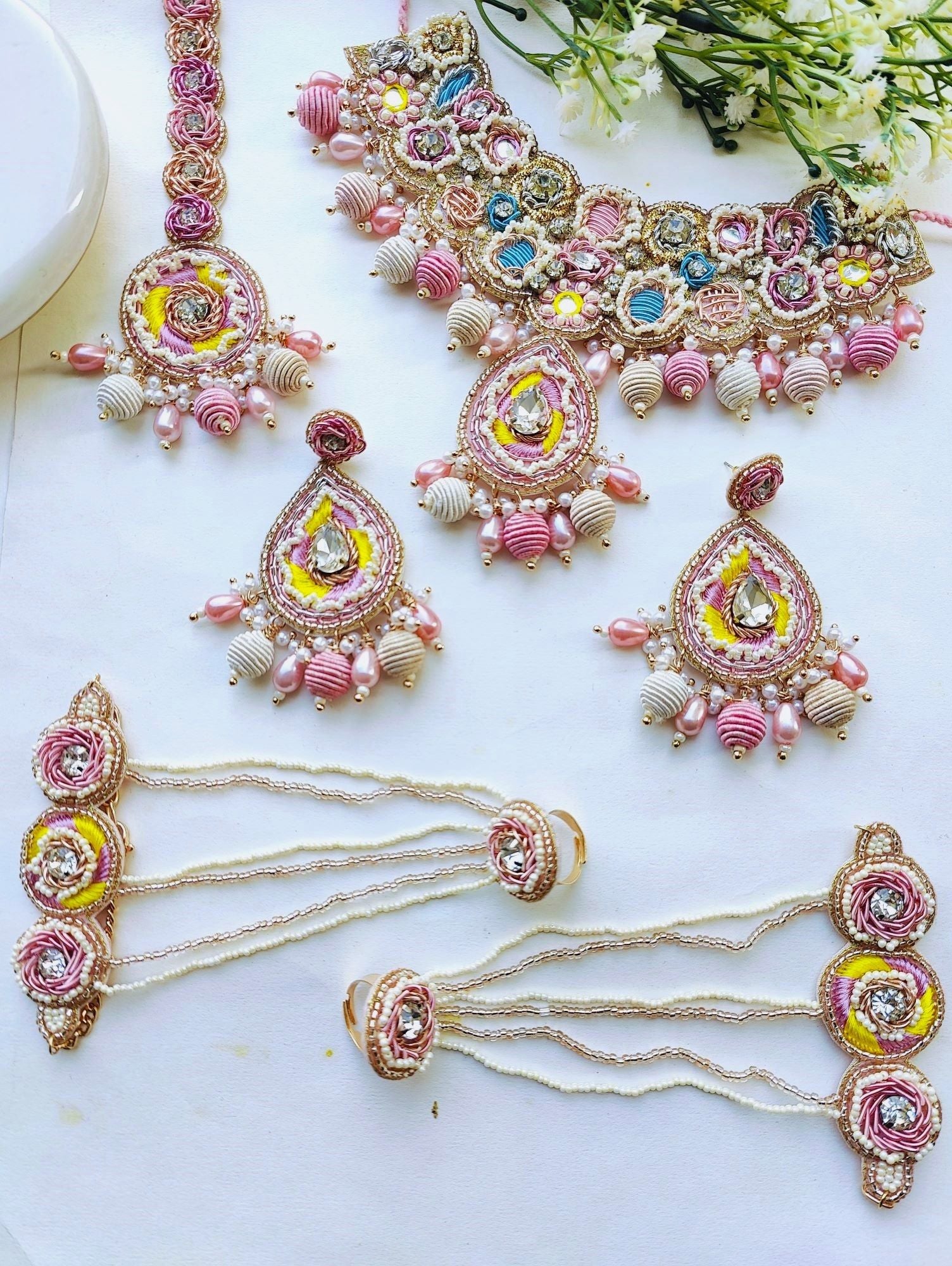 Peach-Pink Floral Haldi-Mehndi Bridal Jewellery Set for Women Ethnic