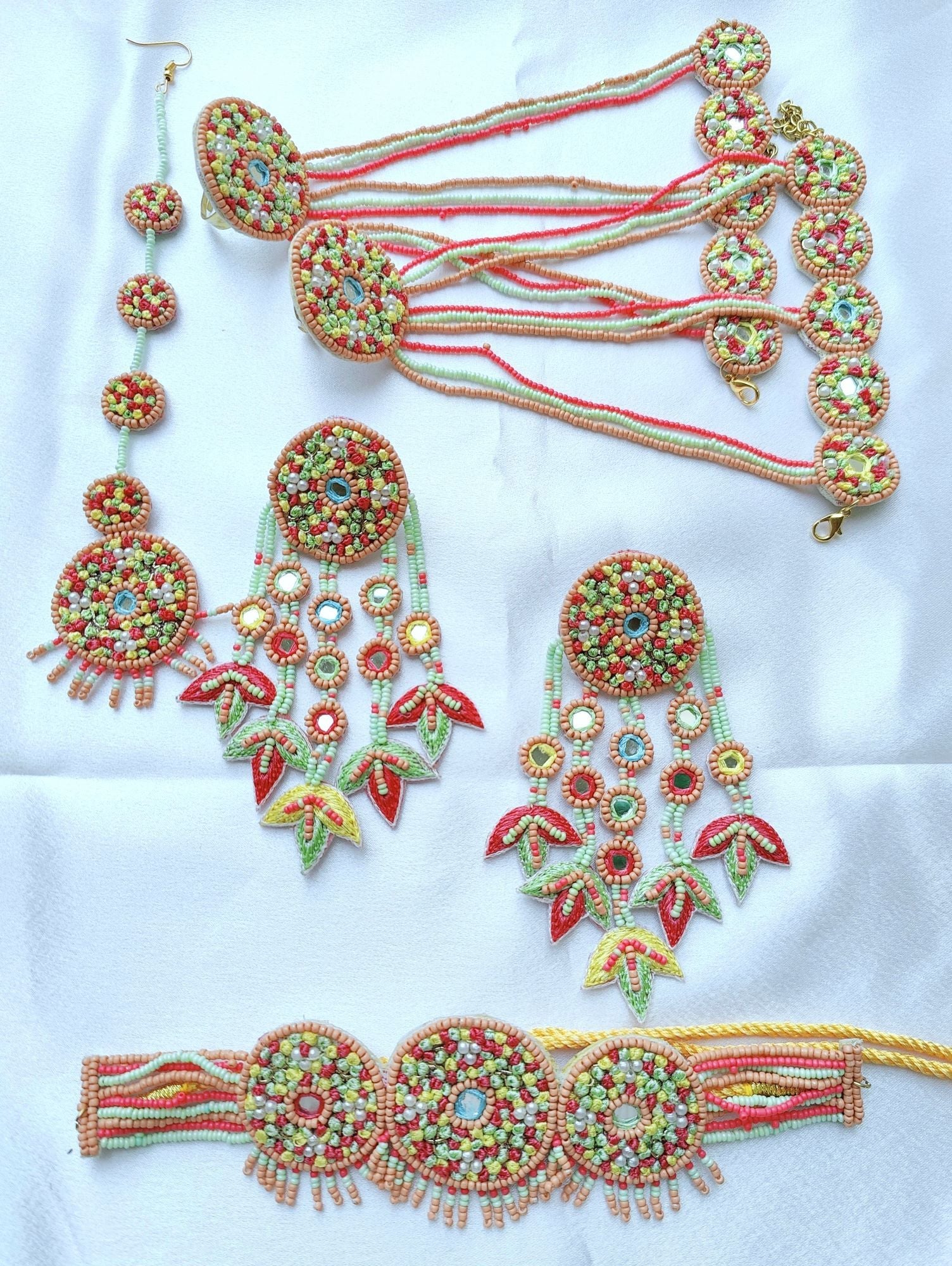 Peach-Mint Green Haldi Mehndi Jewellery Set for Women Flower Jewellery