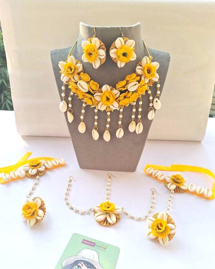 Yellow Floral Kodi Work Jewellery Set For Haldi/Mehndi/Baby Shower
