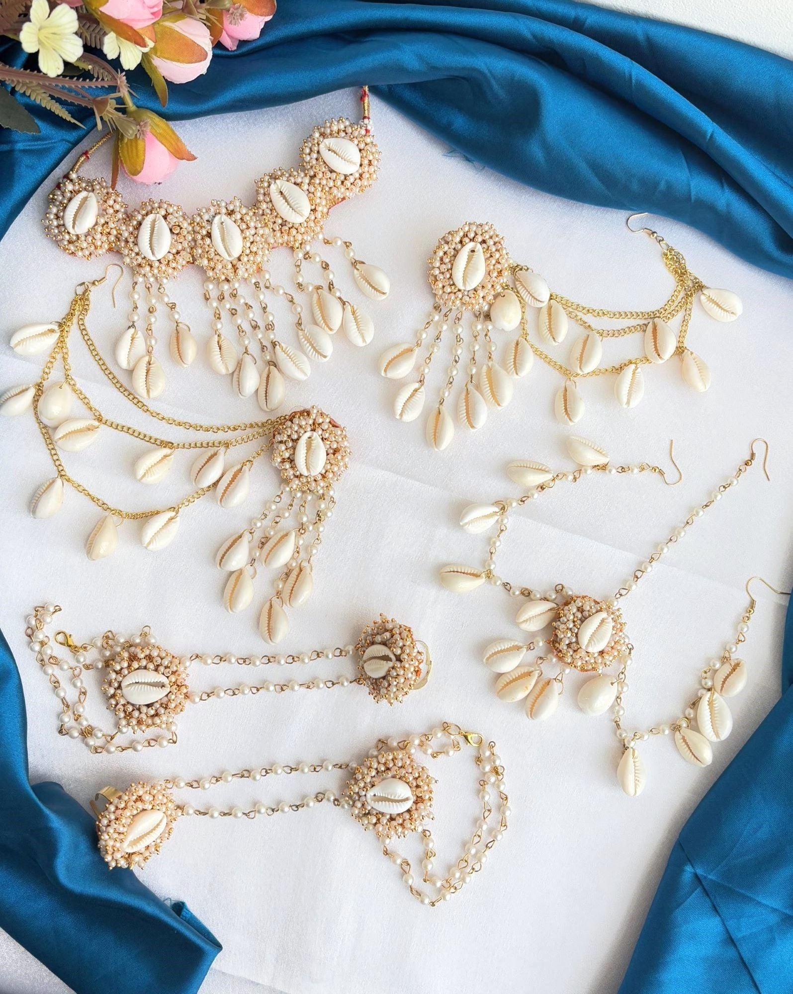 Pearl Cowrie Shell Handmade Jewellery Set For Haldi-Mehndi, Baby