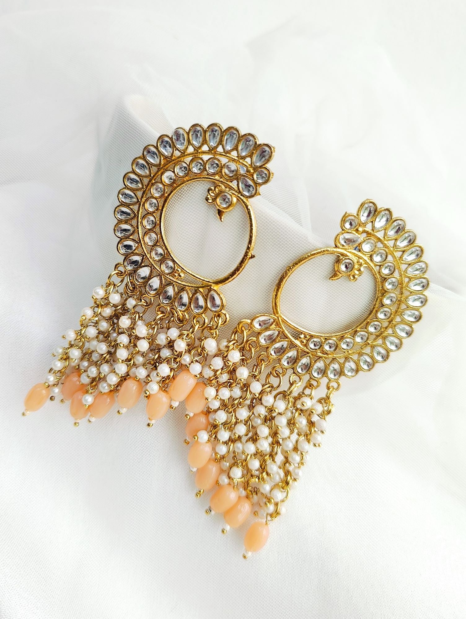 Peach Stylish Party Wear Kundan Studded Dangler Earrings for Women