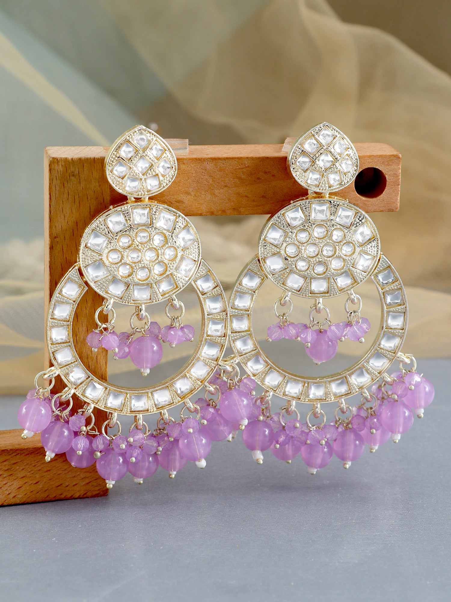 Lehar Danglers- Kundan studded Lavender Ethnic Party Wear Earrings