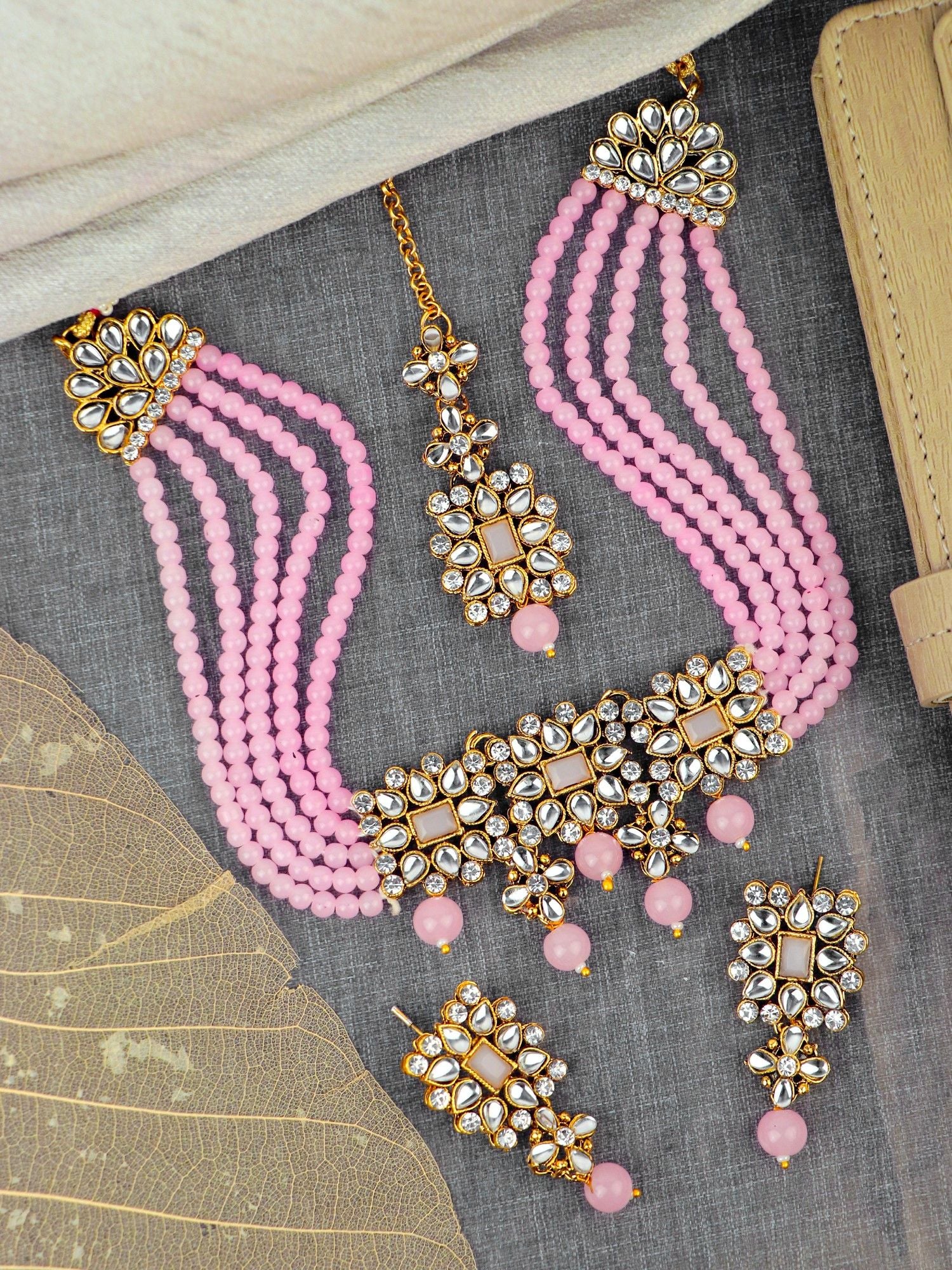 Baby Pink Pearl Choker Necklace Jewelry Set for Women Party Wear