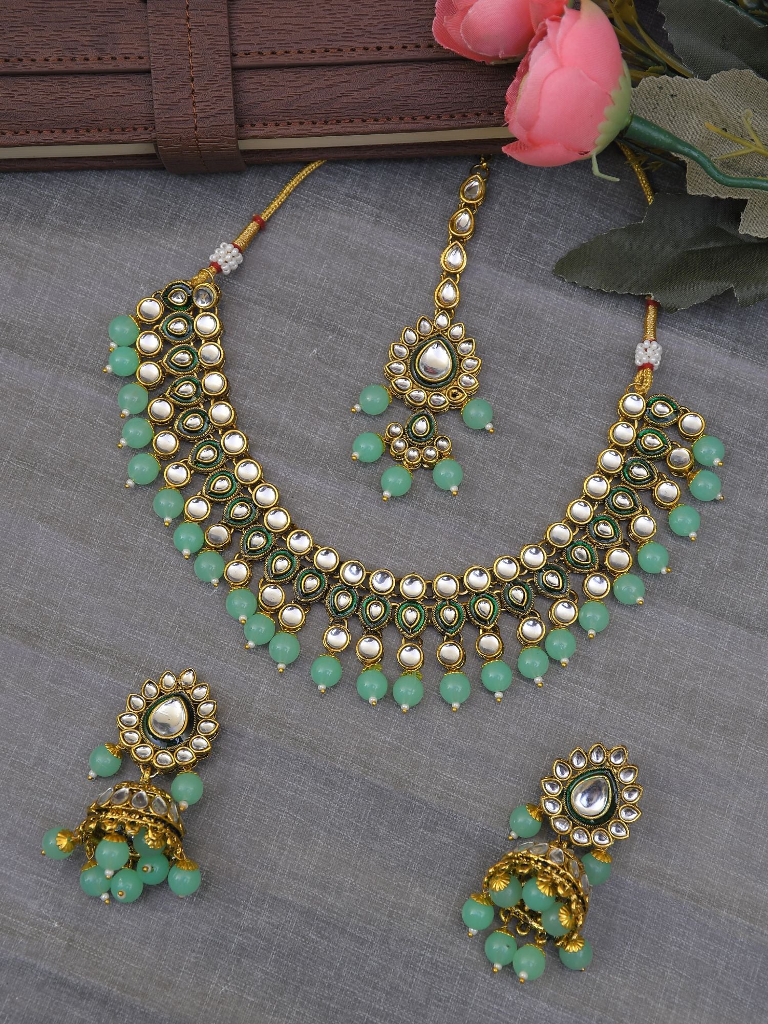 Kundan Delight Sea Green Gold-Plated Pearl Crystal Choker Bridal