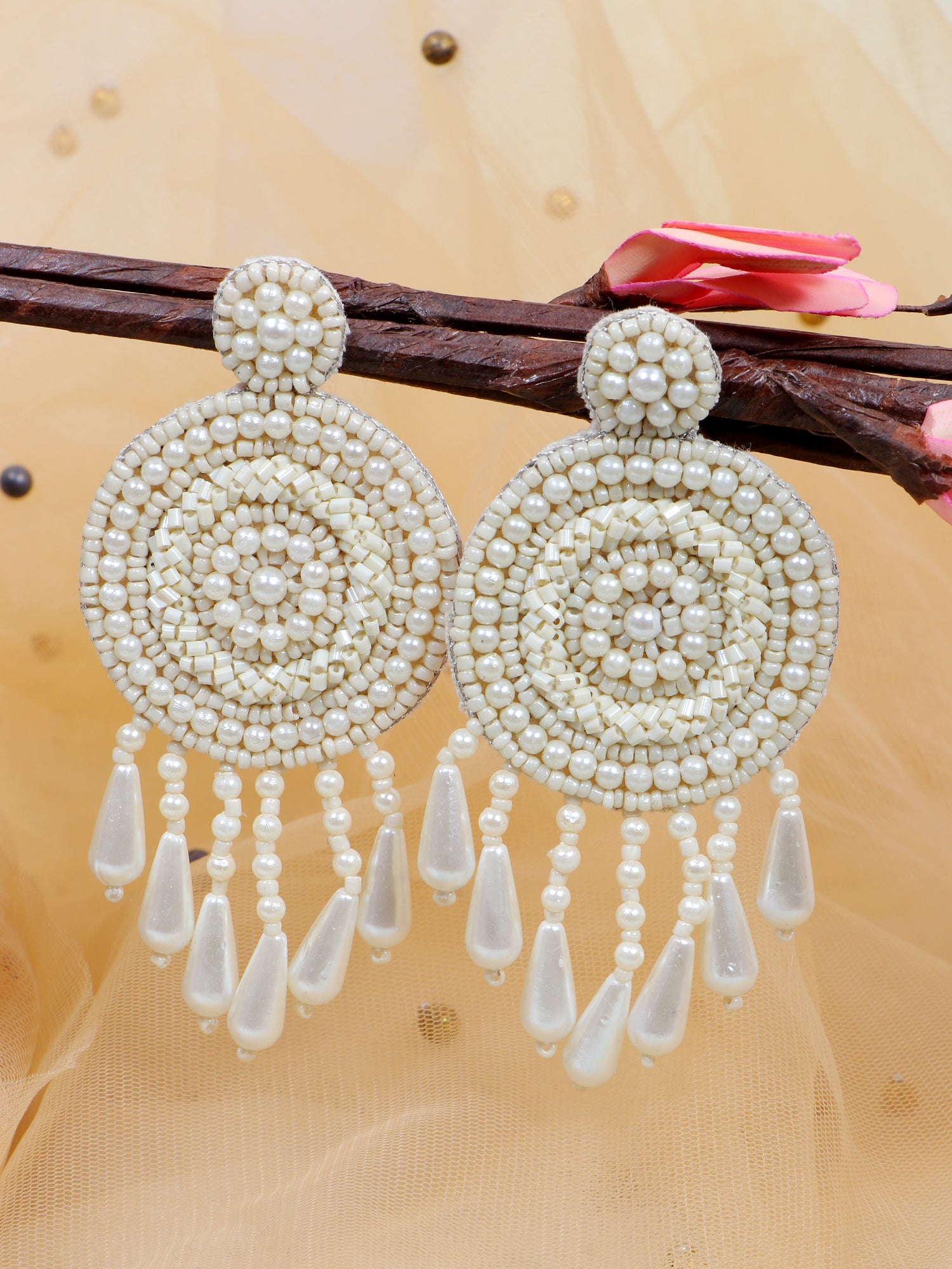 White Beaded Dangler Earrings Handmade Contemporary Fashion
