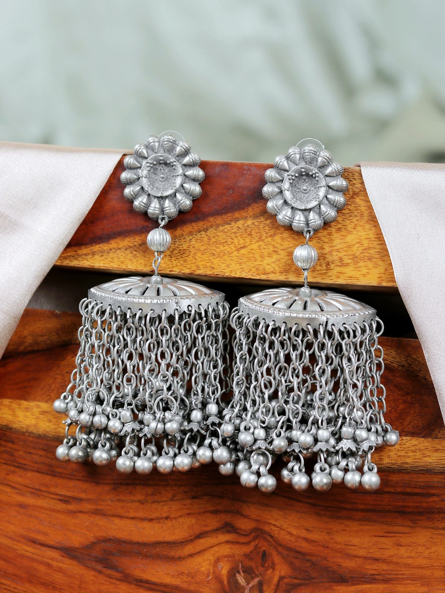 Oxidised Silver Long Jhumka Earrings Banjara Style for Women