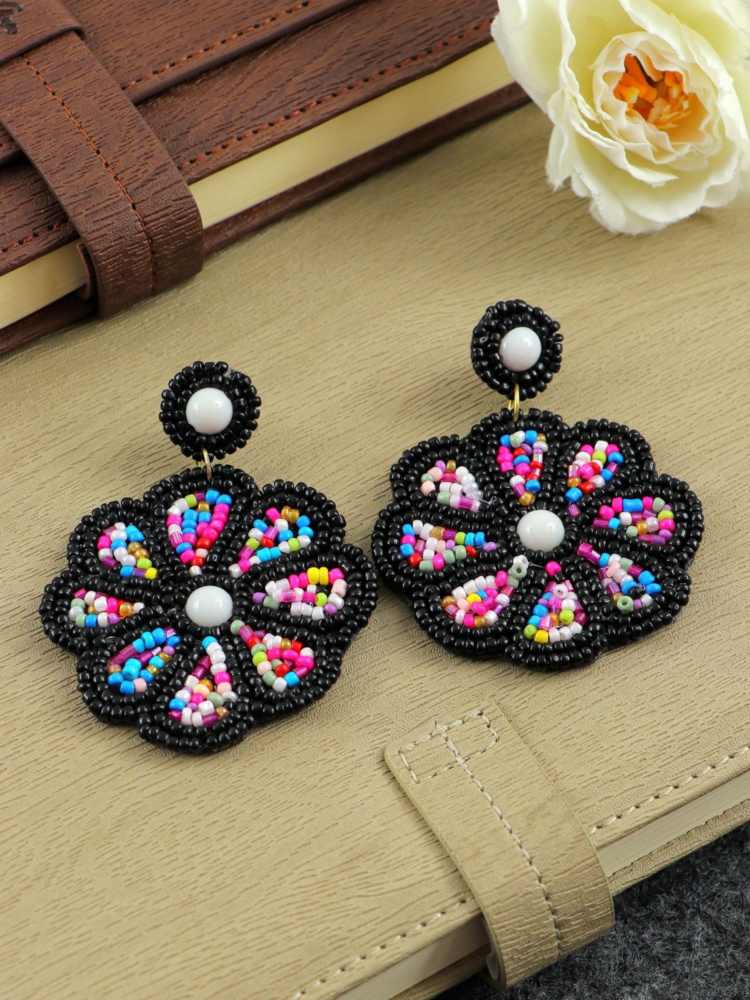 Amaya's Posh Handcrafted Black Floral Bead-Drop Earrings