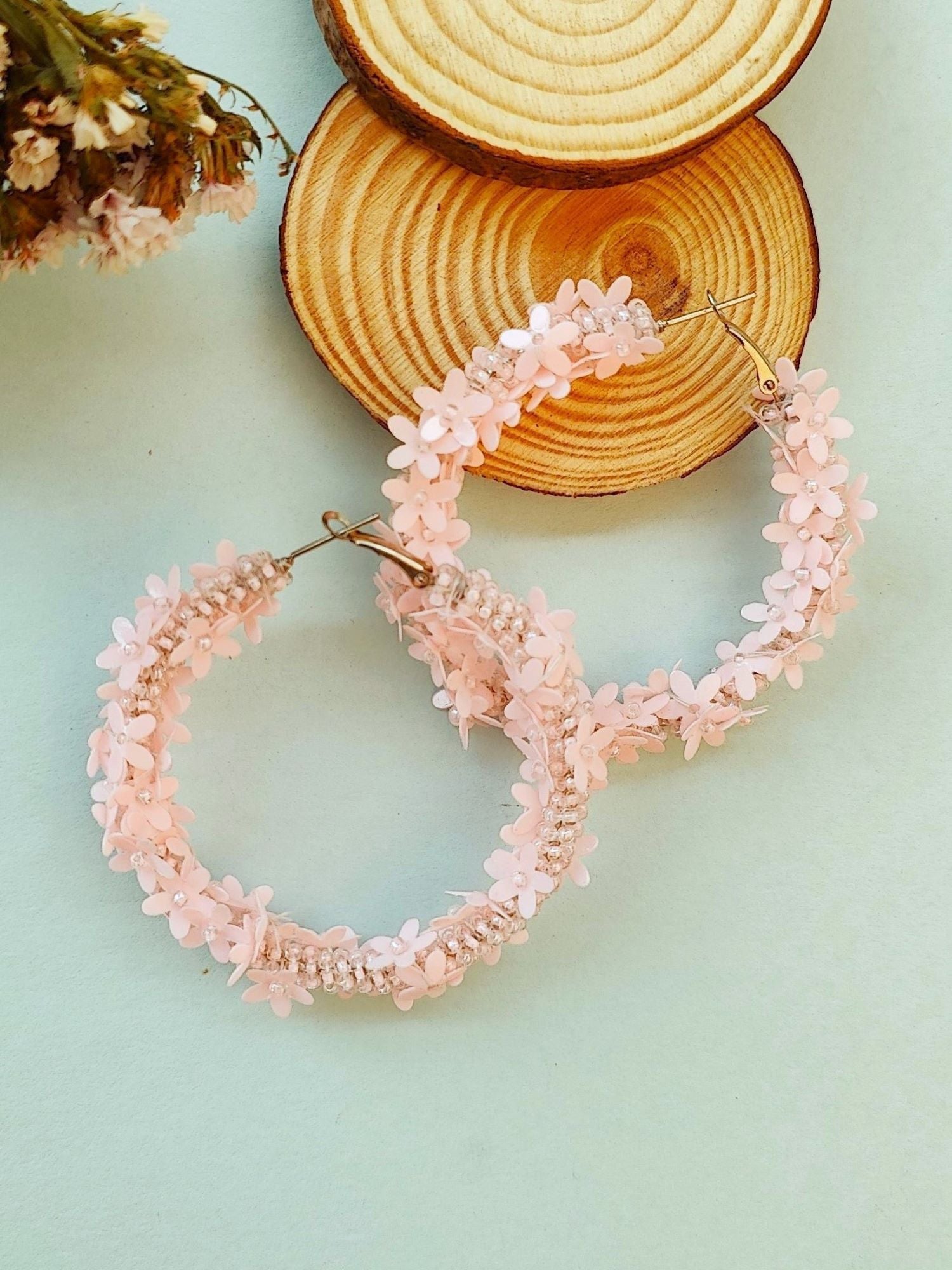 Pastel Pink Flowers Hoops -Statement Party Wear Beaded Handmade Hoop Earring for Women