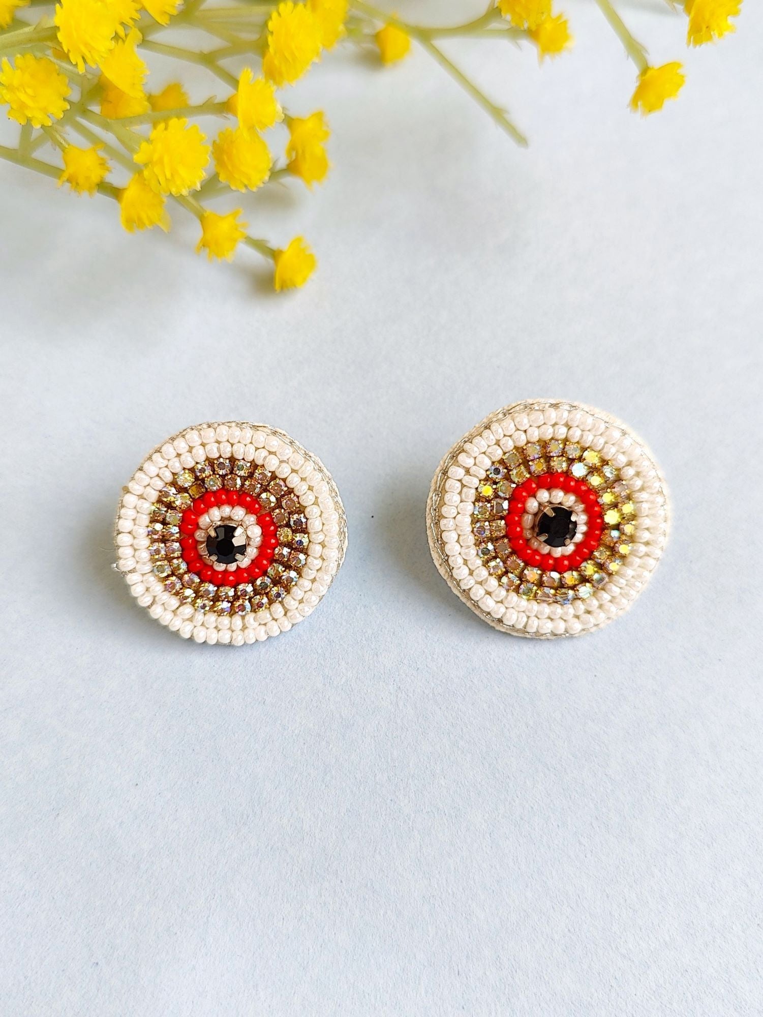 White-Red Evil Eye Beaded Studs Handmade Earrings for Women Girls