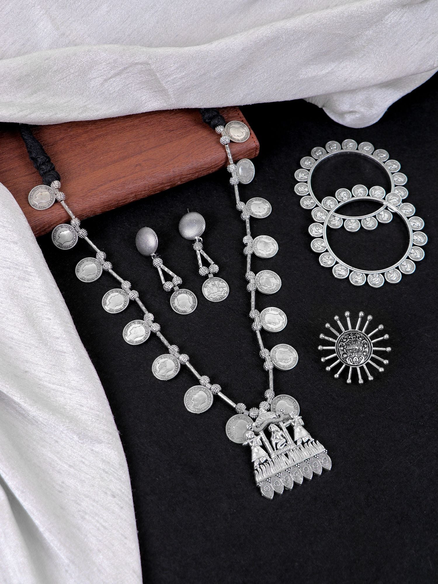 Boho Style Coin Jewellery Set for Women Oxidised Silver Long Set