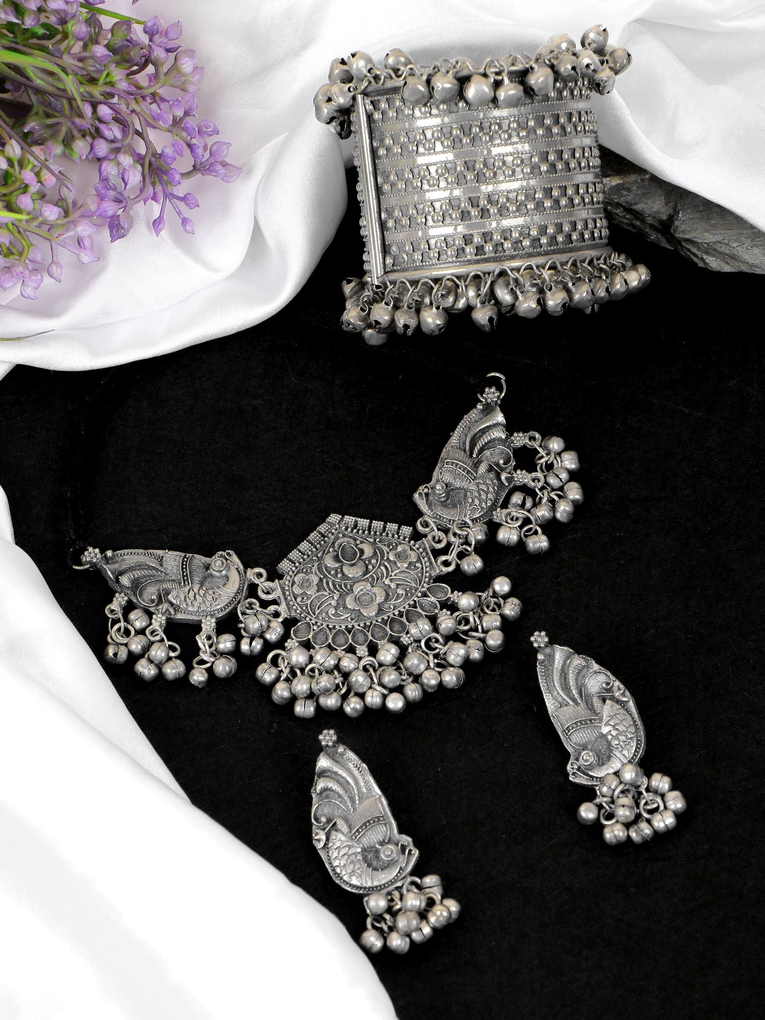 Timeless Tradition: Handcrafted Oxidised Silver Peacock Choker Accents Set