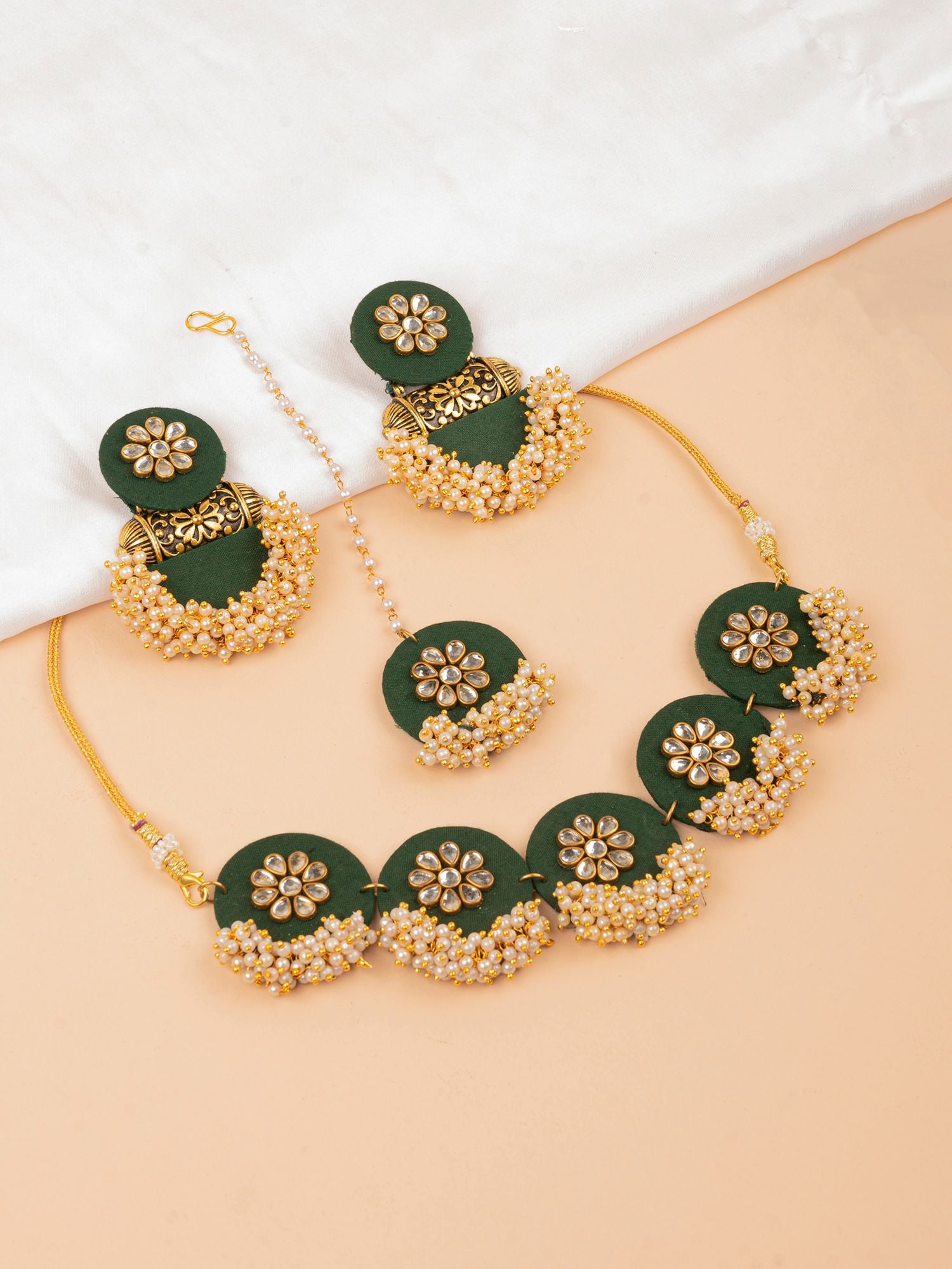 Meher Green Fabric Jewellery Set- Kundan Studded Handmade Necklace