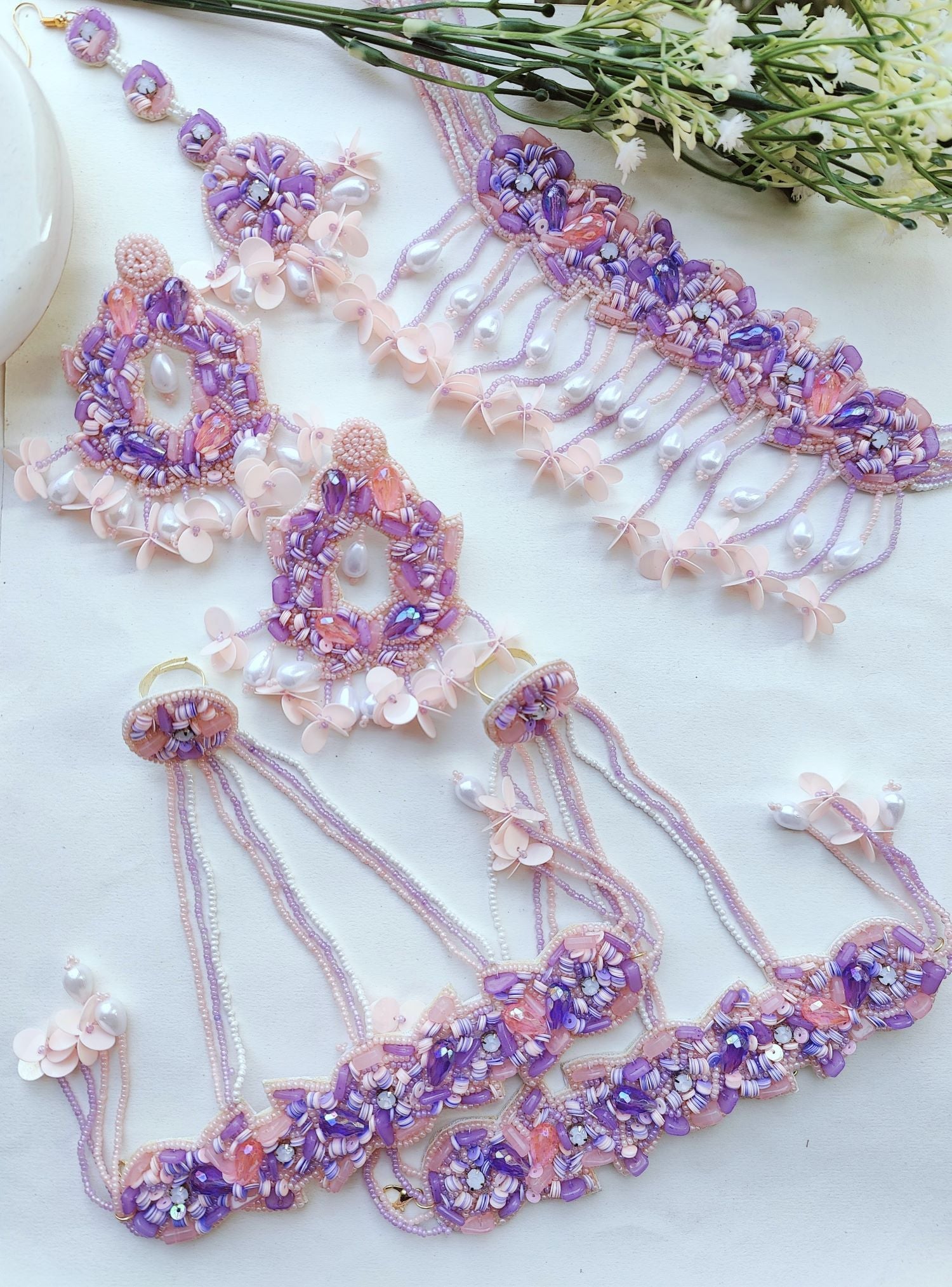 Charming Purple-Peach Beaded Floral Jewellery Set for Haldi