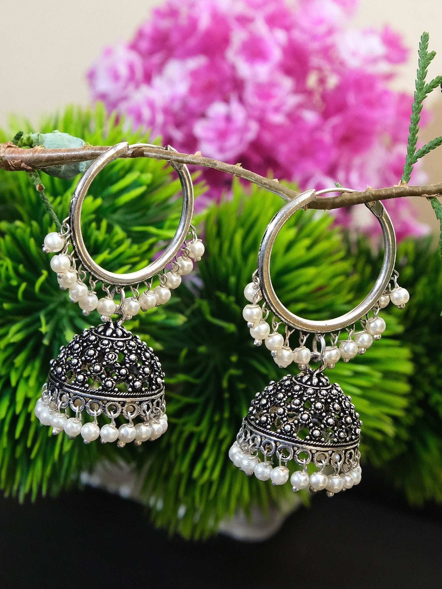 Indian Royal Style Oxidized Silver Jhumki with White Pearls Hoop Jhumka Earrings