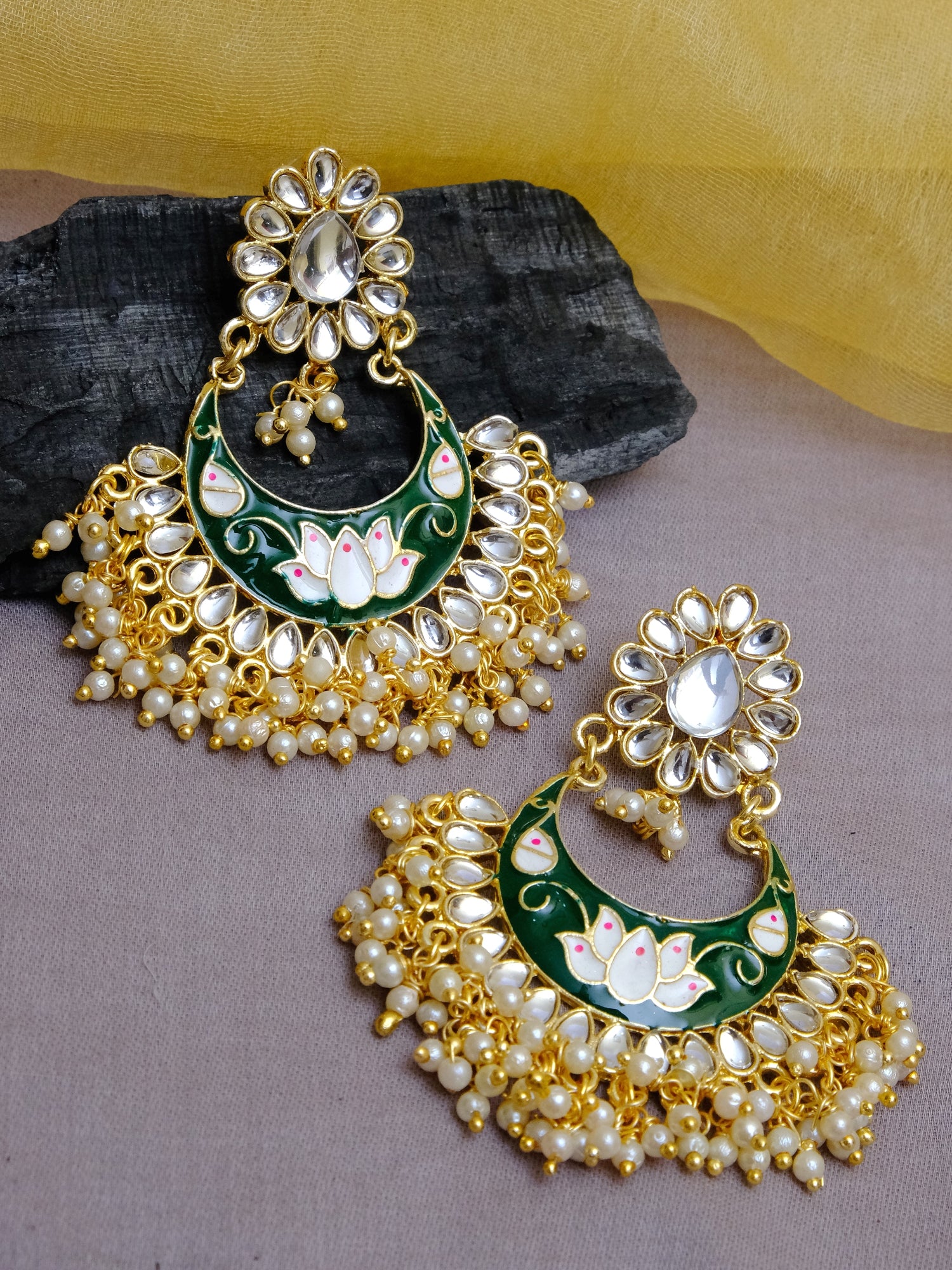 Green Chandbali Kundan Floral Earrings with Pearls Earrings for