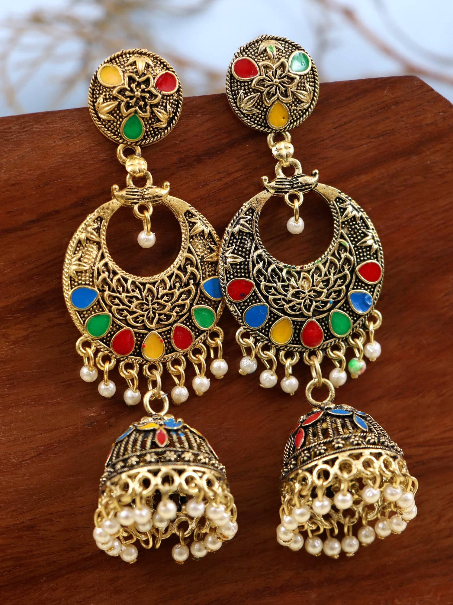 Oxidised Gold-Plated Multicolor Jhumka Earrings Bridal Gold