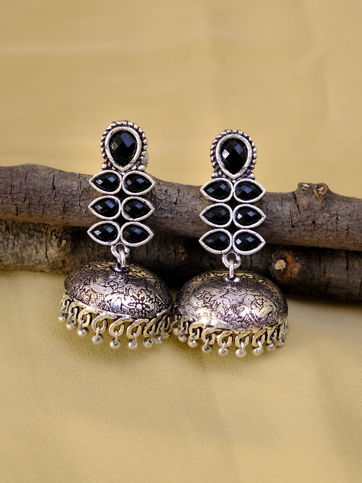 Aria Oxidised Jhumka Earrings with Kundan Stones for Women