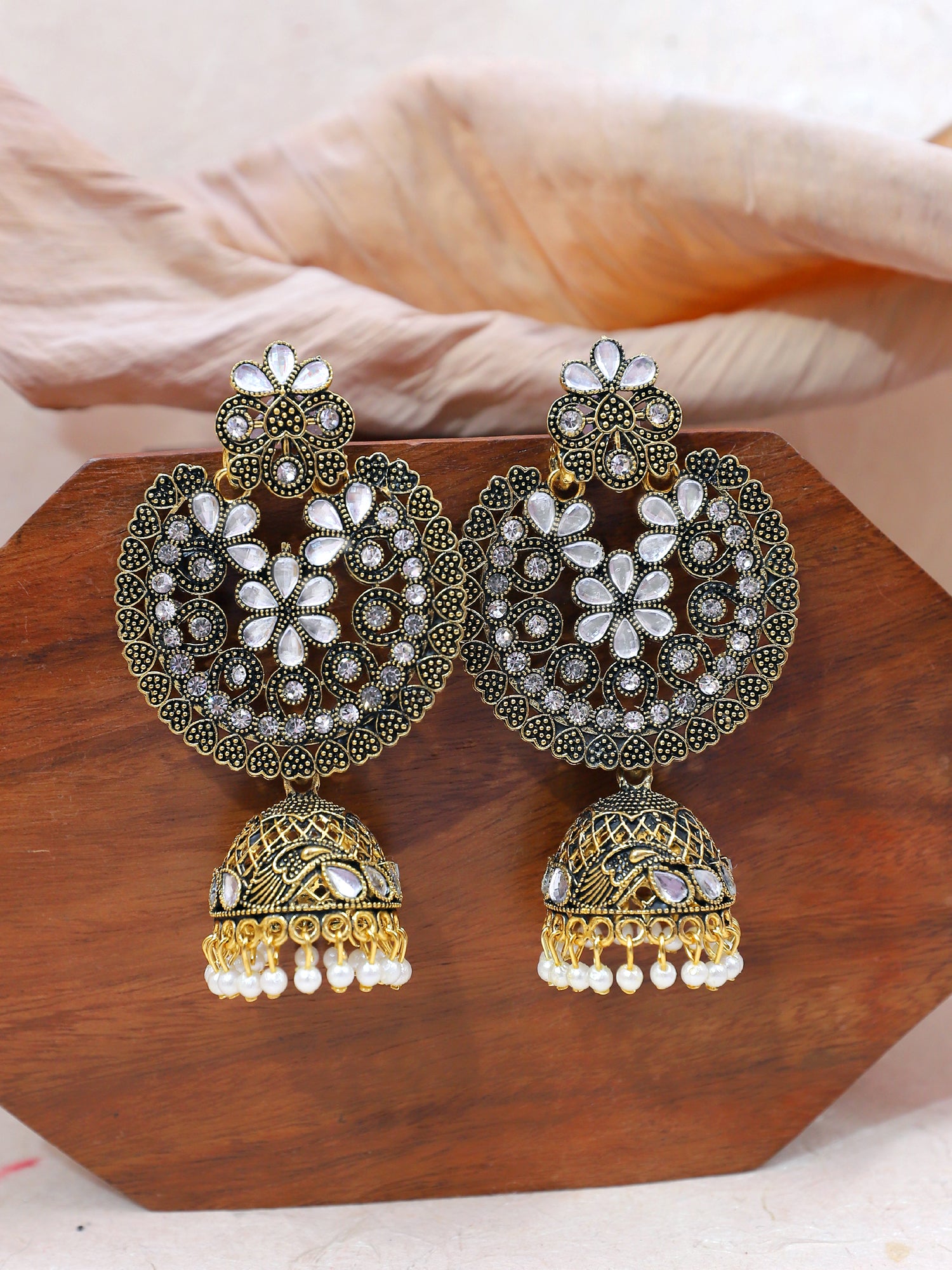 Shop Oxidised Golden Sassy Stoning Mirror Jhumka Earrings for