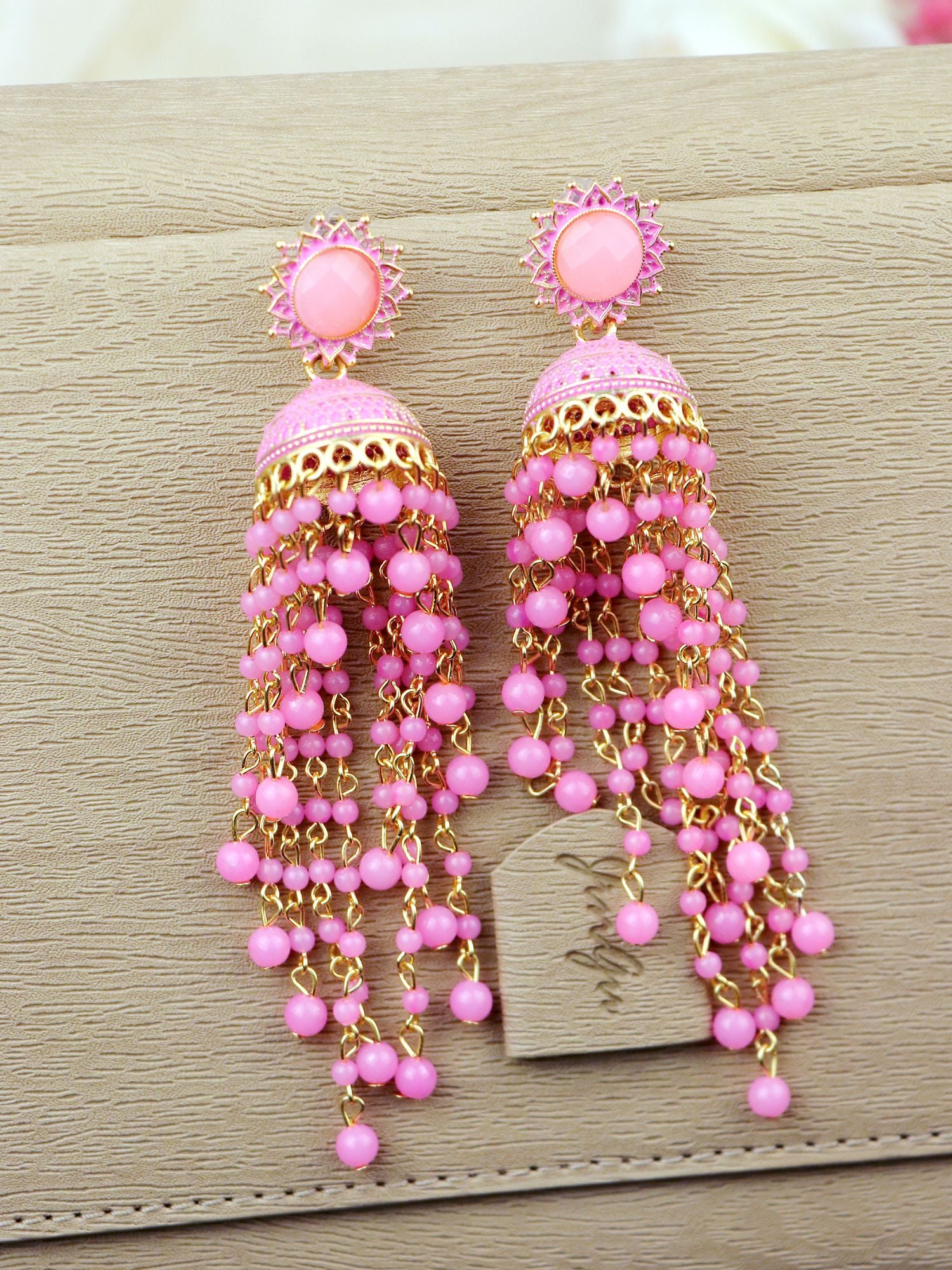 Gold-Plated Pink Beads Jhumkas Unique Style for Women Girls