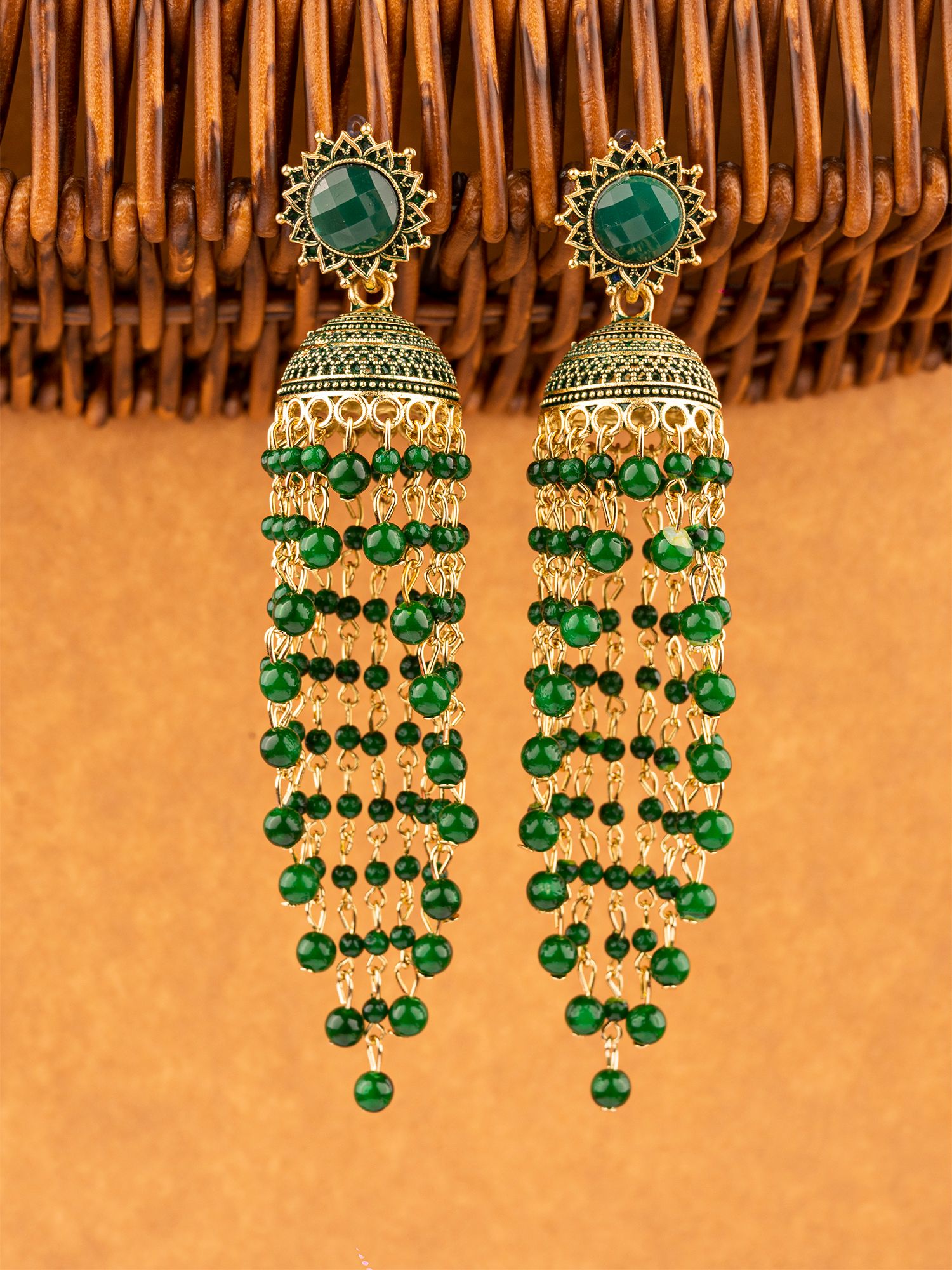 Long Earring With Jhumka In India Gold-Plated Green Pearls Ethnic