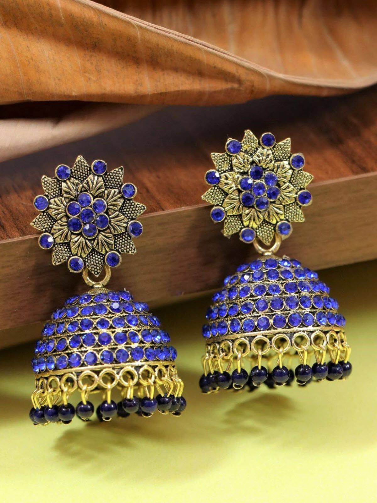 Blue Alloy Beaded Handmade Jhumka Earring - Main Image