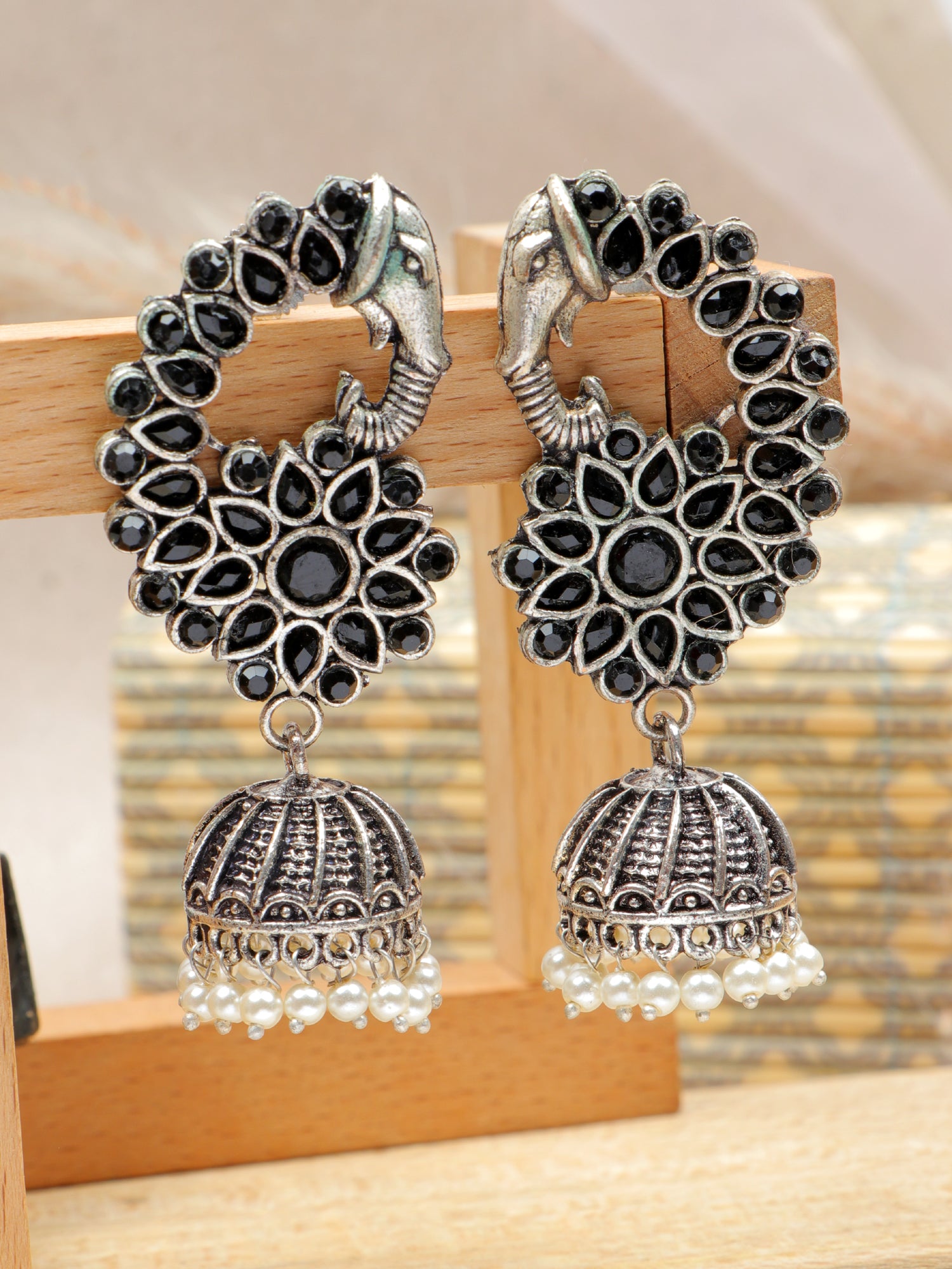 Handmade Indian Oxidized Silver Elephant Jhumka Earrings