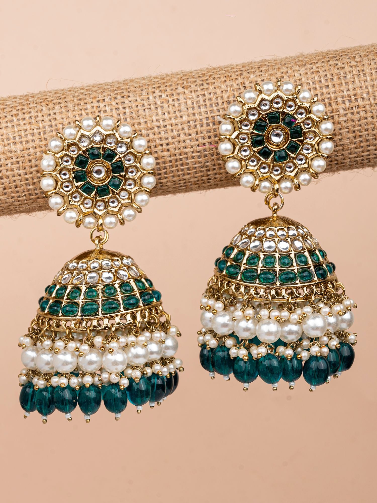 Sea Green Big Jhumka Earrings Green Kundan Studded Long Pearl