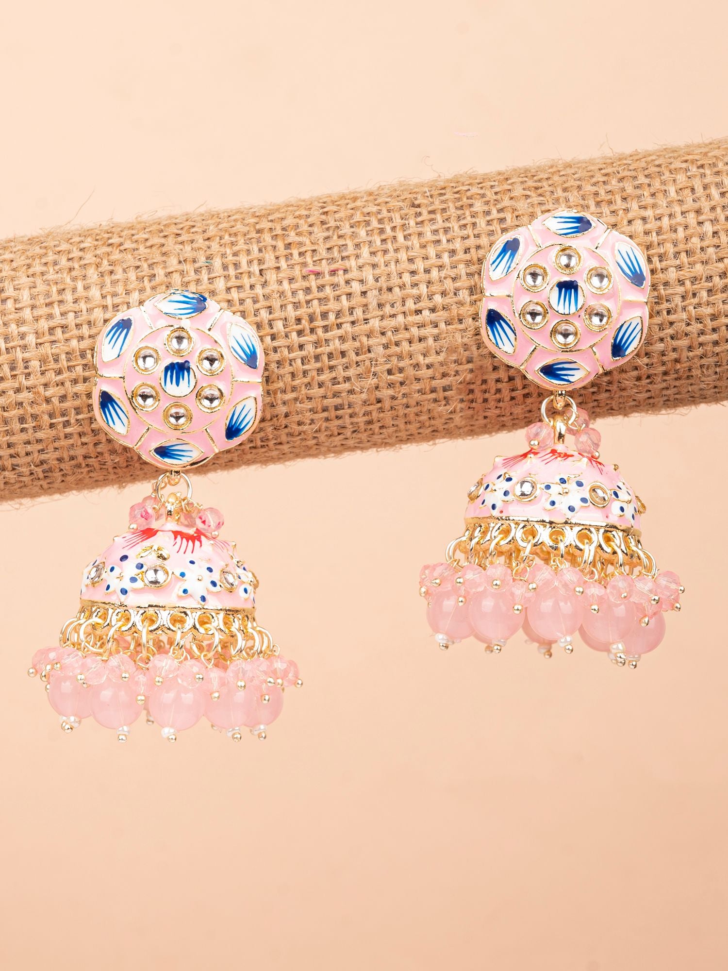Floral Meenakari Jhumka with Bead Drops in Baby Pink for Women