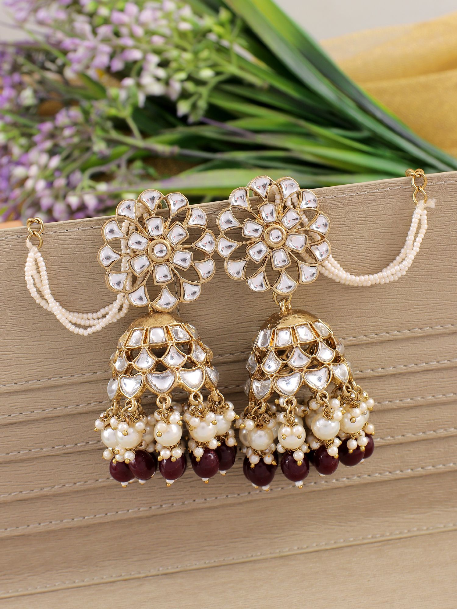 Wine Red Drops Kundan Studded Party Jhumkas for Wedding/Party