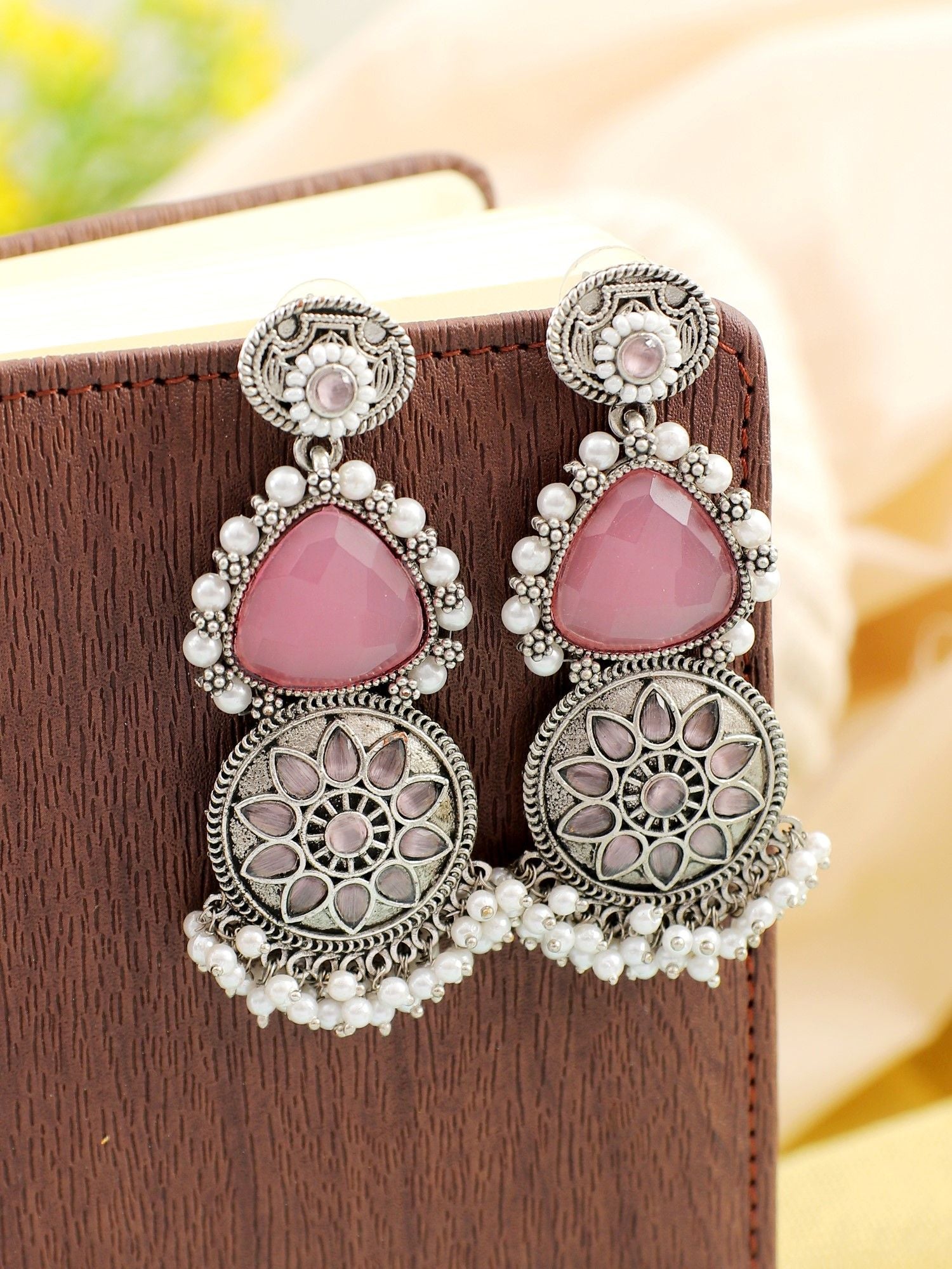 Pink Stone Studded Oxidised Silver Earrings for Girls