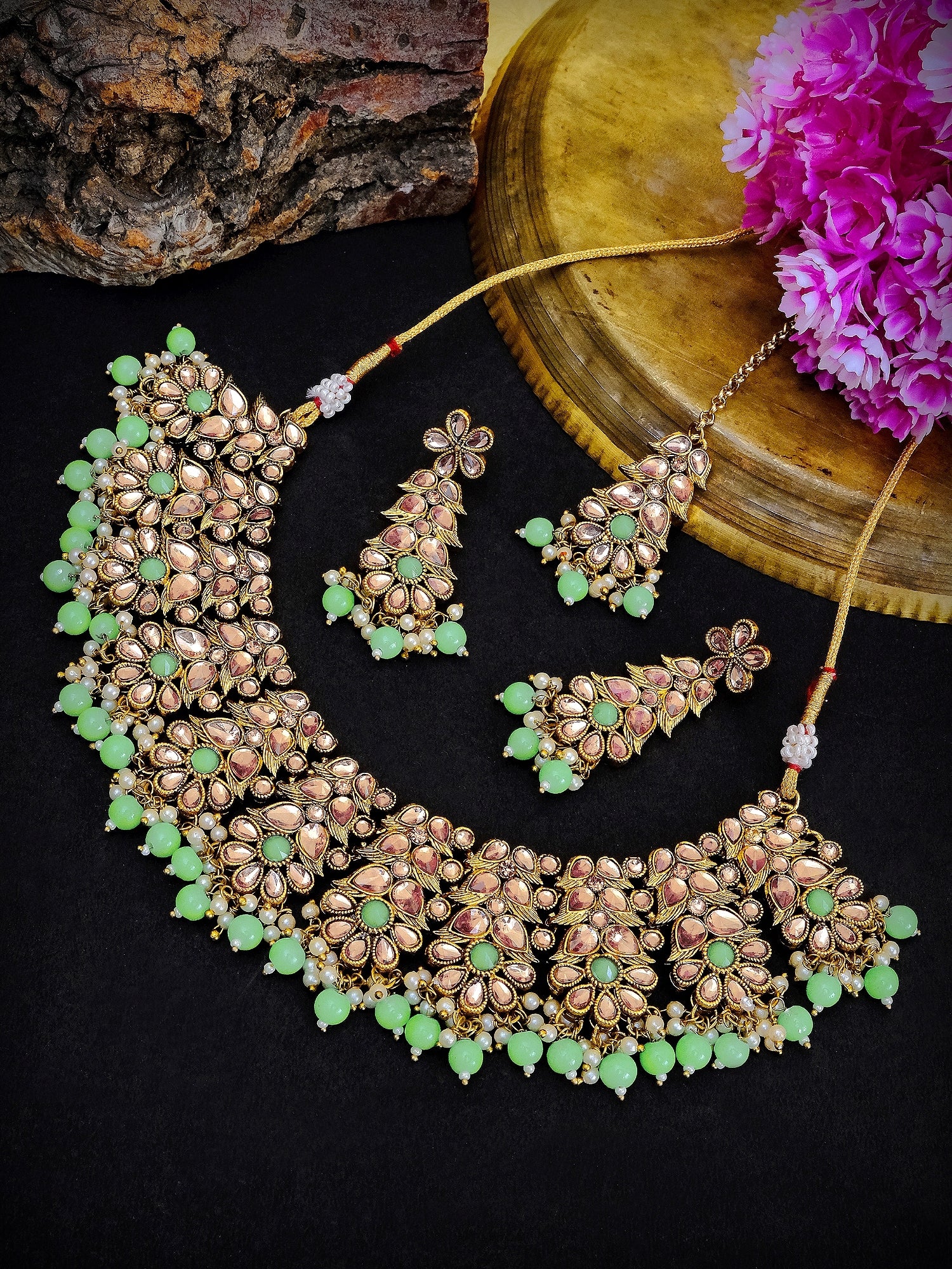 Traditional Mint Green Gold Plated Kundan Necklace Set