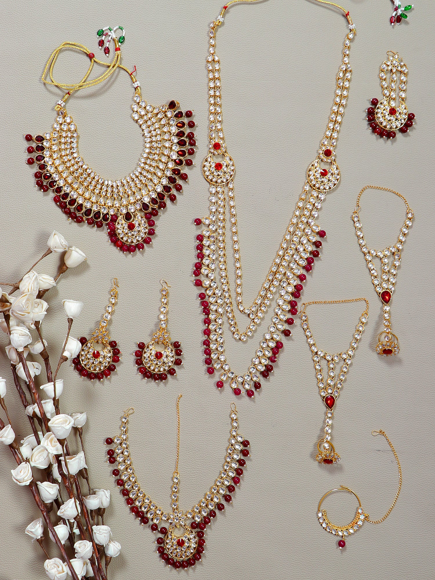 Crunchy Fashion Gold-Plated Maroon Pearl Kundan Bridal Jewellery Set