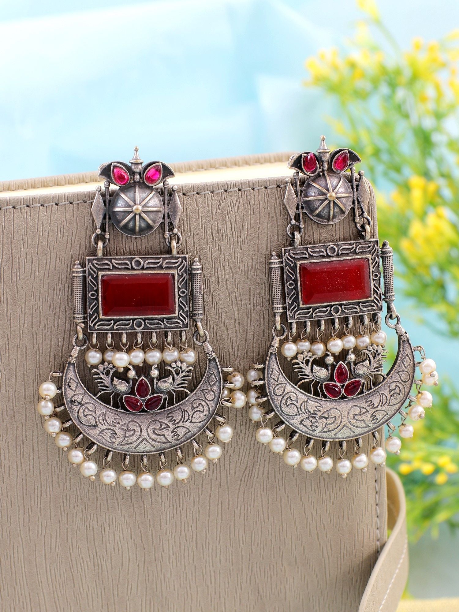Exquisite Maroon Festive Bliss: Oxidized Silver Look-Alike Statement Earrings with Vibrant Red Stones