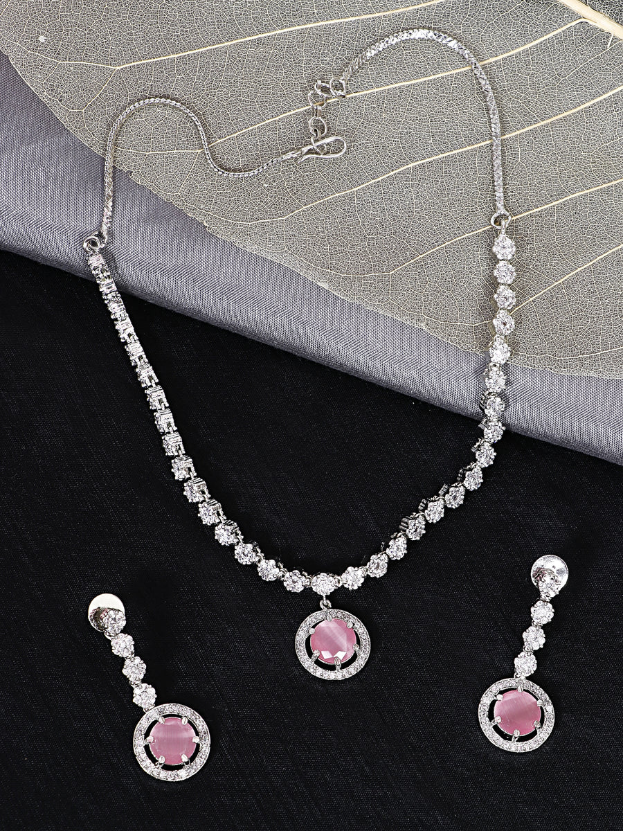 Ishin Pink Colour Silver Plated American Diamond Jewellery Set