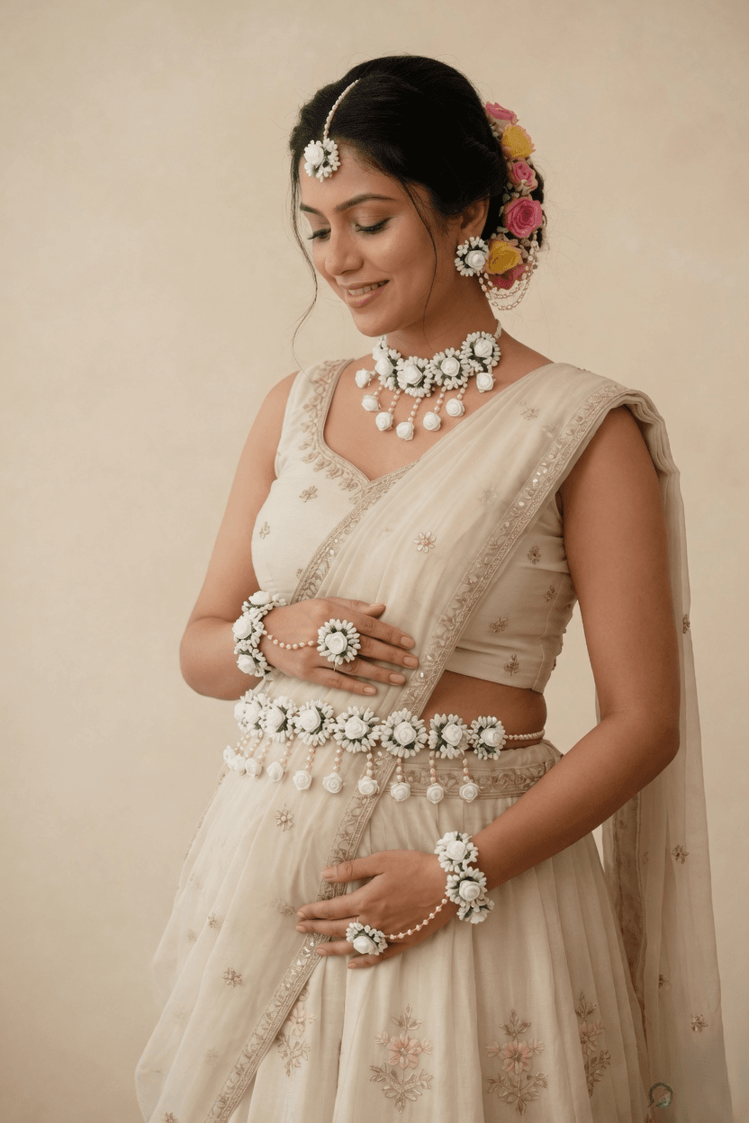 godh bharai floral accessories baby shower floral ornaments jewellery