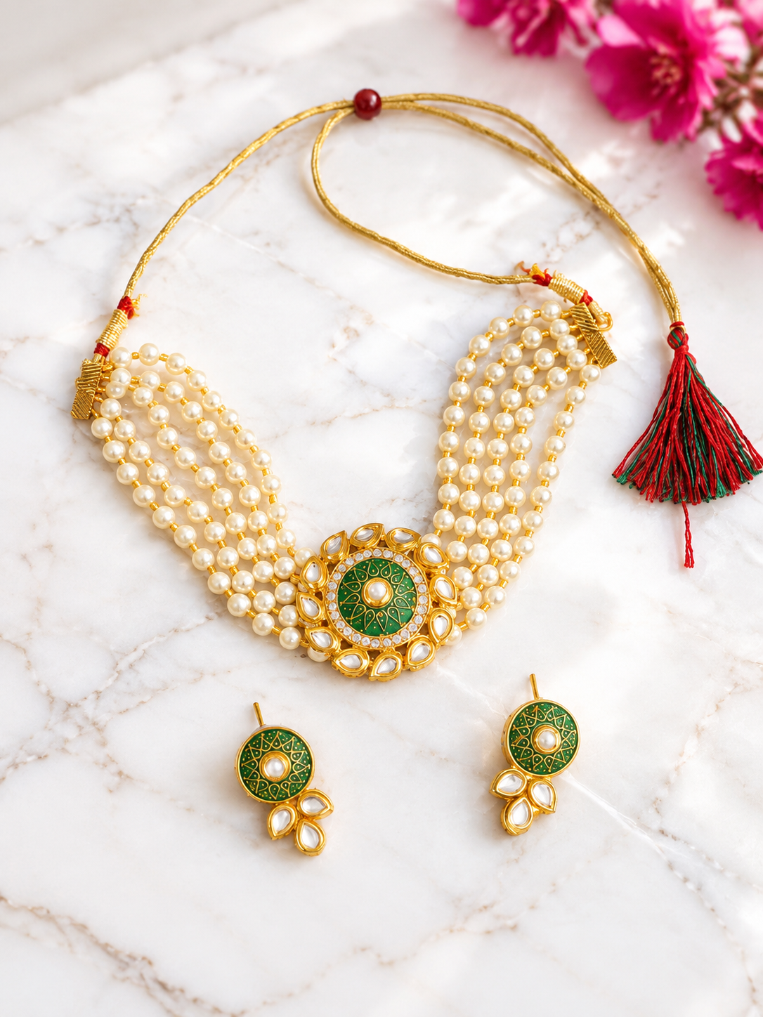 Green Meenakari Kundan & Pearl Party Wear Choker Necklace Set for Women