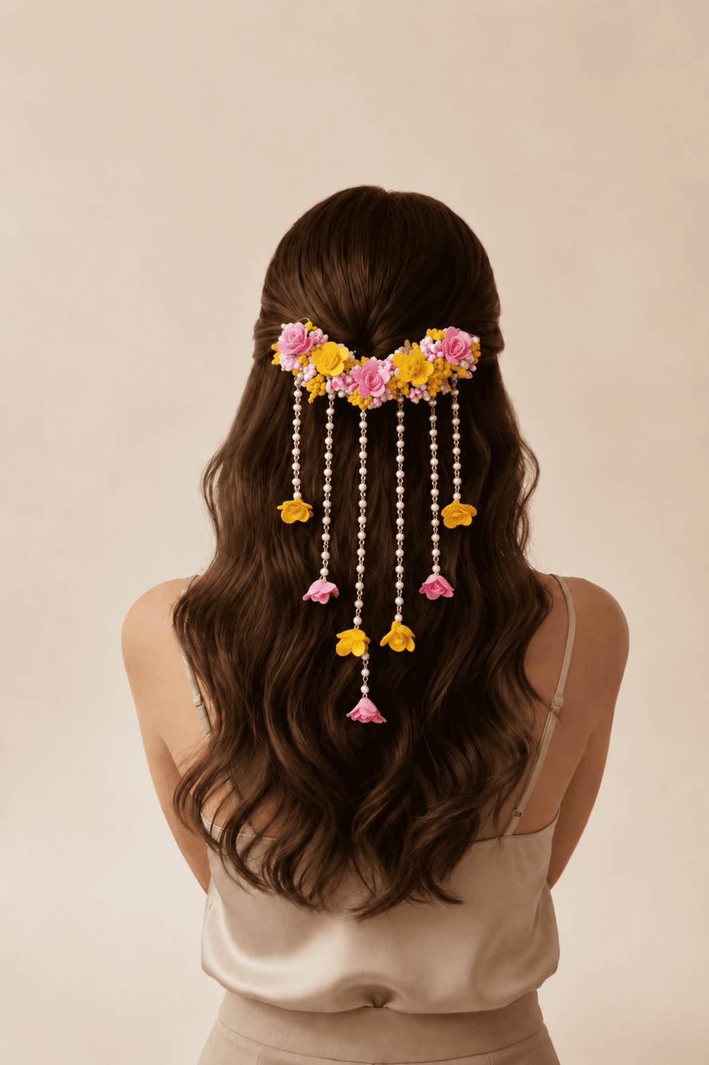 Pink-Yellow Floral Hair Accessory for Haldi & Mehndi
