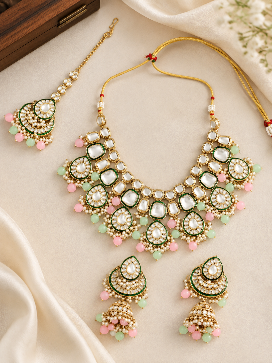Stylish Pink-Mint Green Drops Kundan Polki Jewellery Set for Women